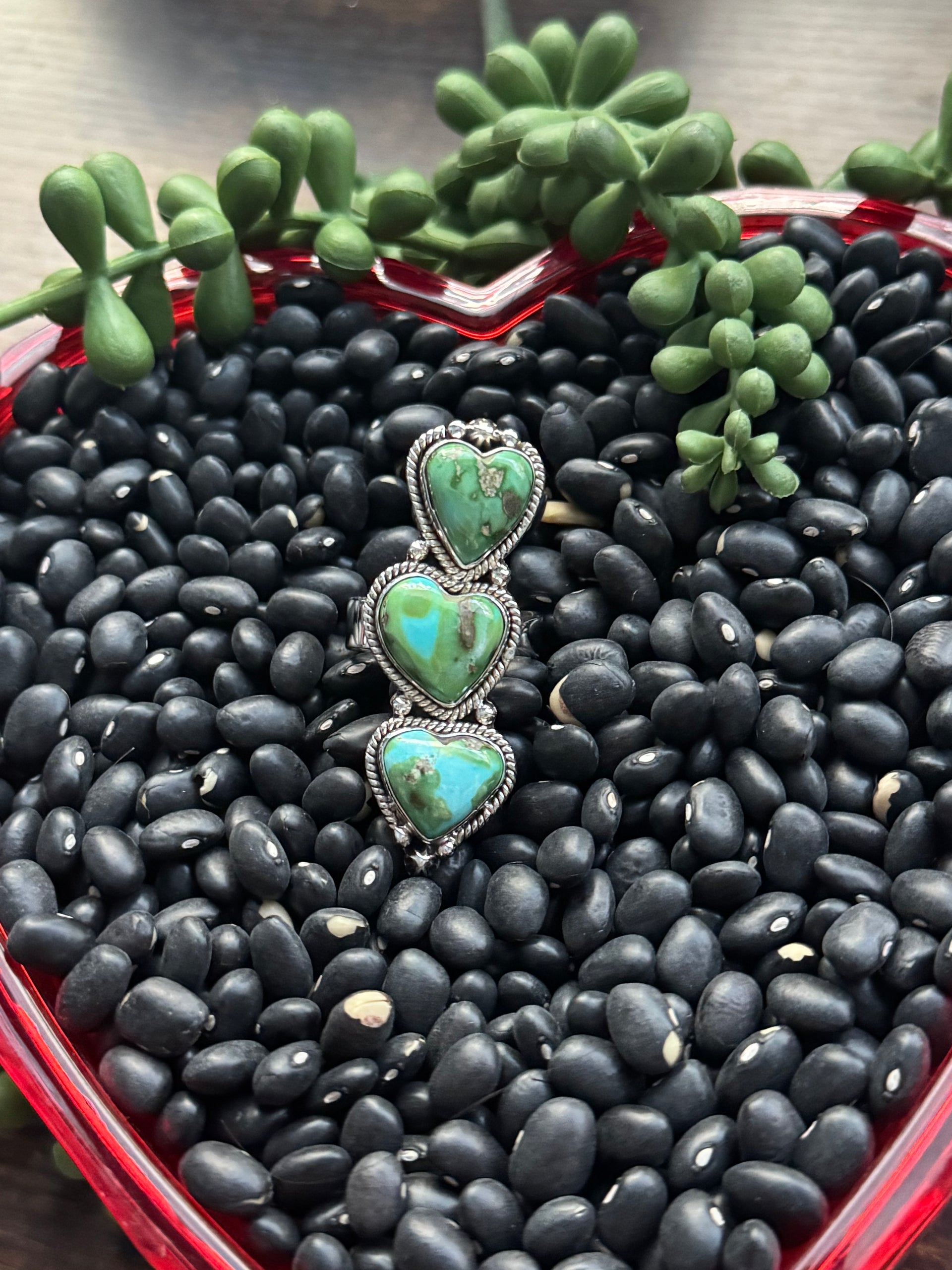 Southwest Handmade Sonoran Mountain Turquoise & Sterling Silver Adjustable Cluster Triple Heart Ring
