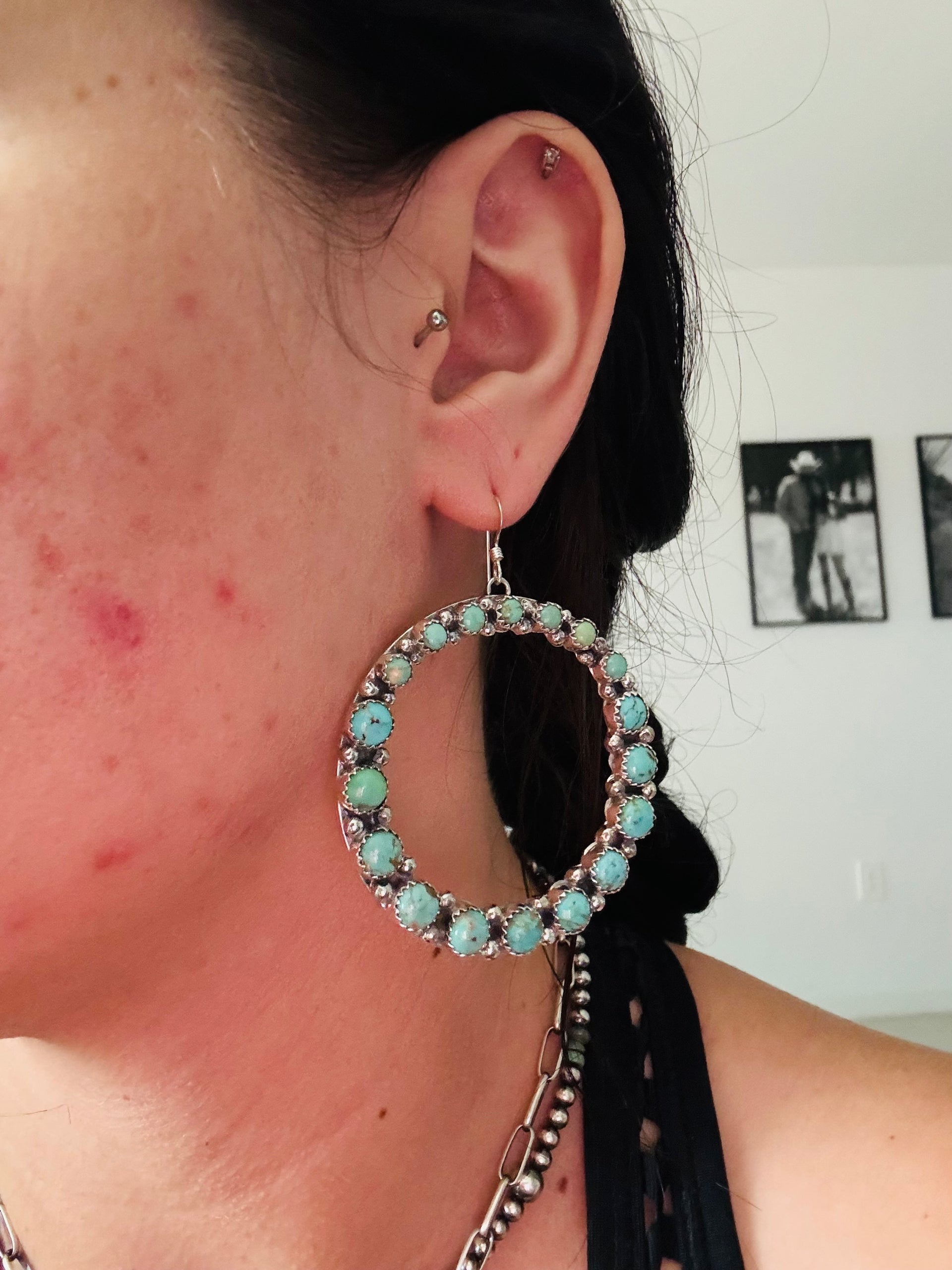 Pearline Spencer Kingman Turquoise & Sterling Silver Dangle Hoop Earrings