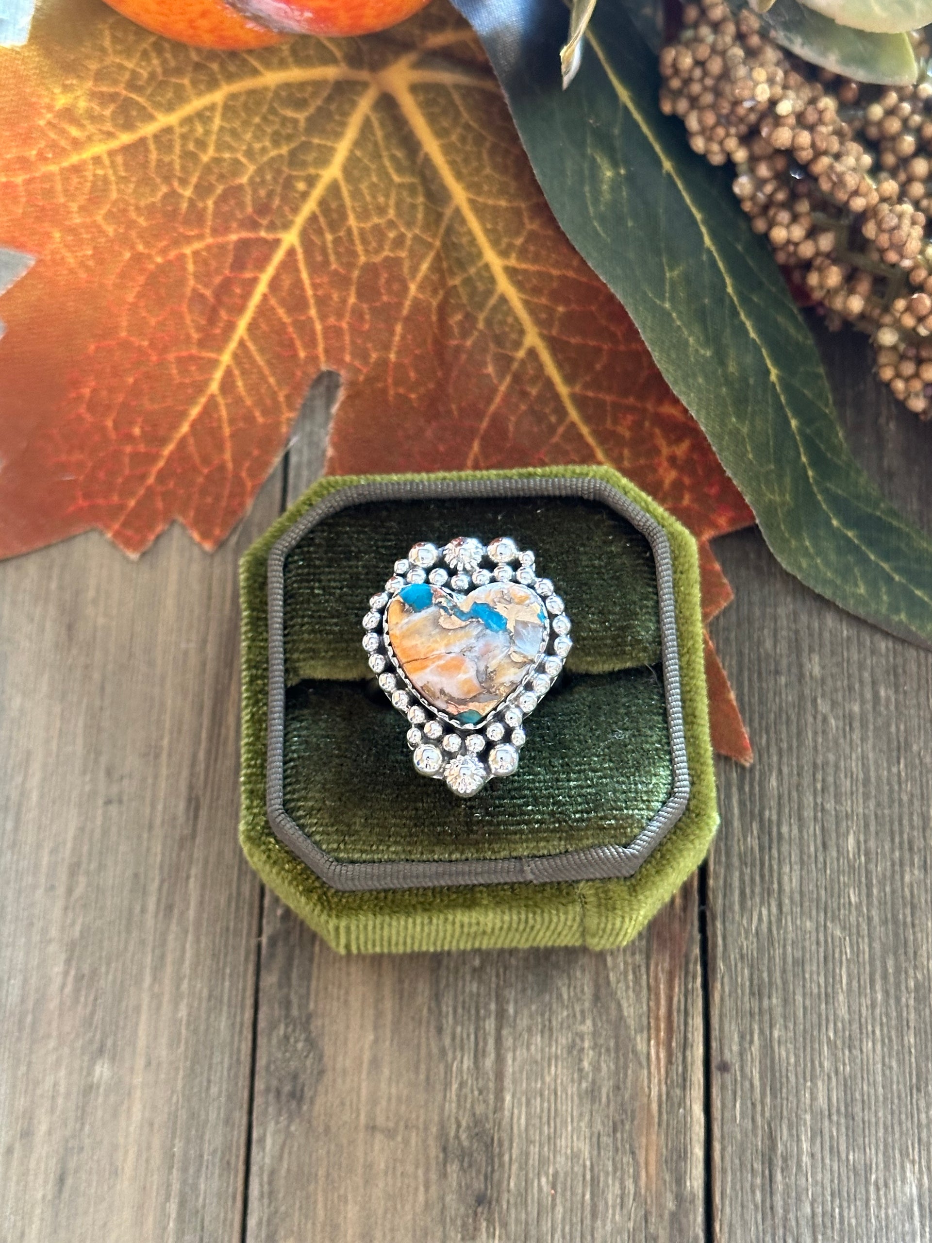 Southwest Handmade Mohave Turquoise & Sterling Silver Heart Ring Size 7.75