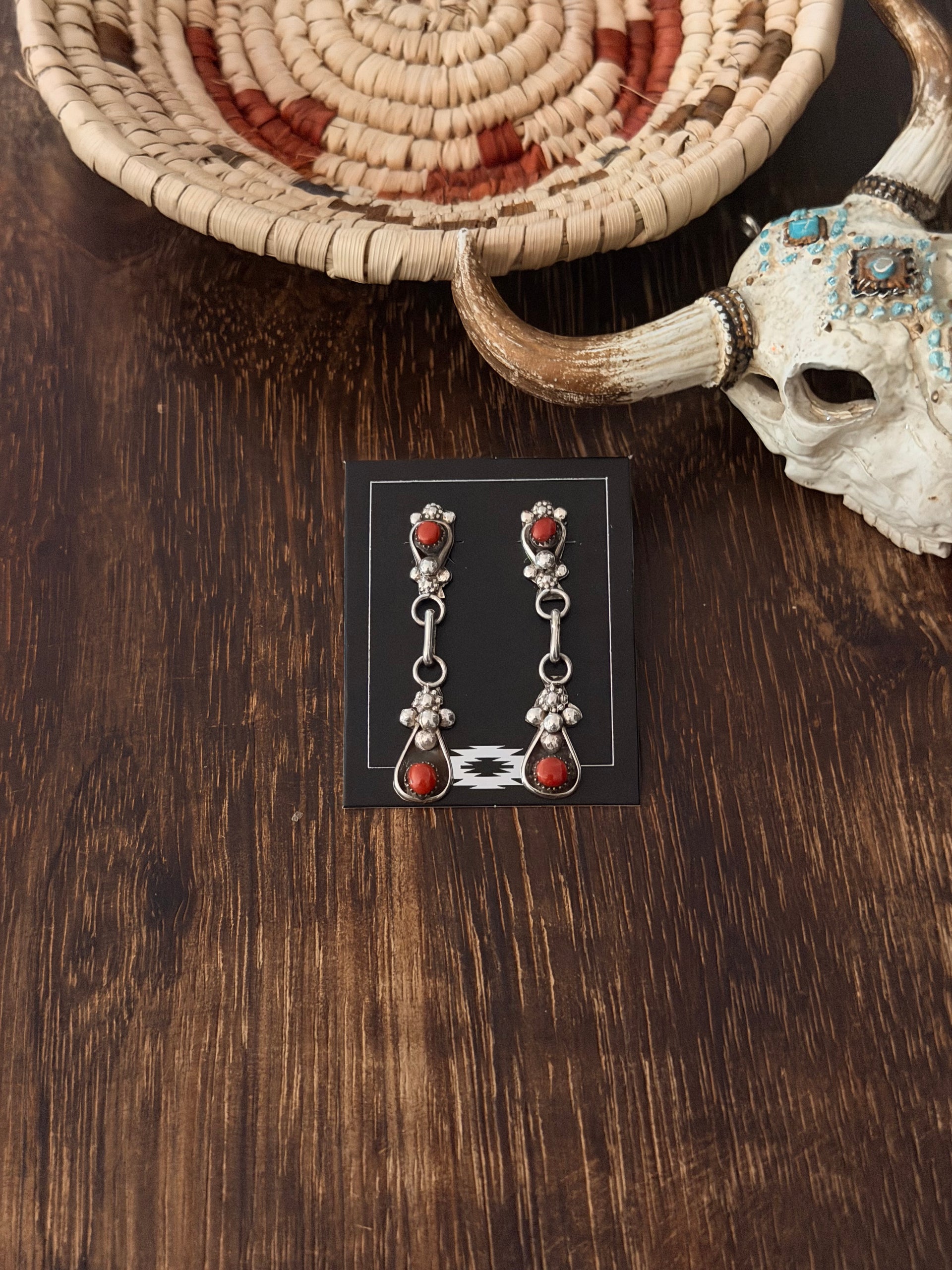 Zuni Made Red Coral & Sterling Silver Post Dangle Earrings