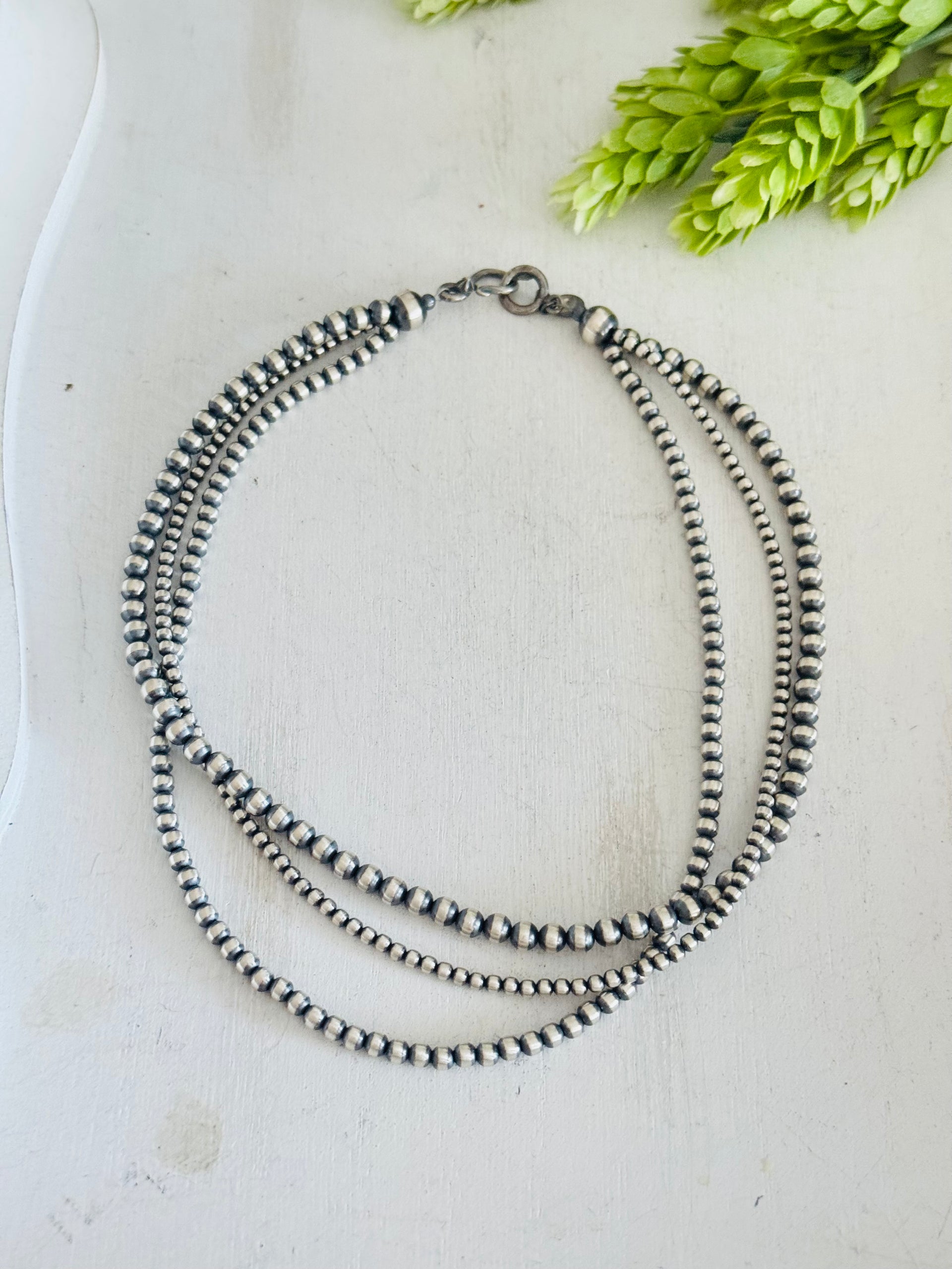 Navajo Strung 3 Strand Sterling Silver Pearls Beaded Necklace