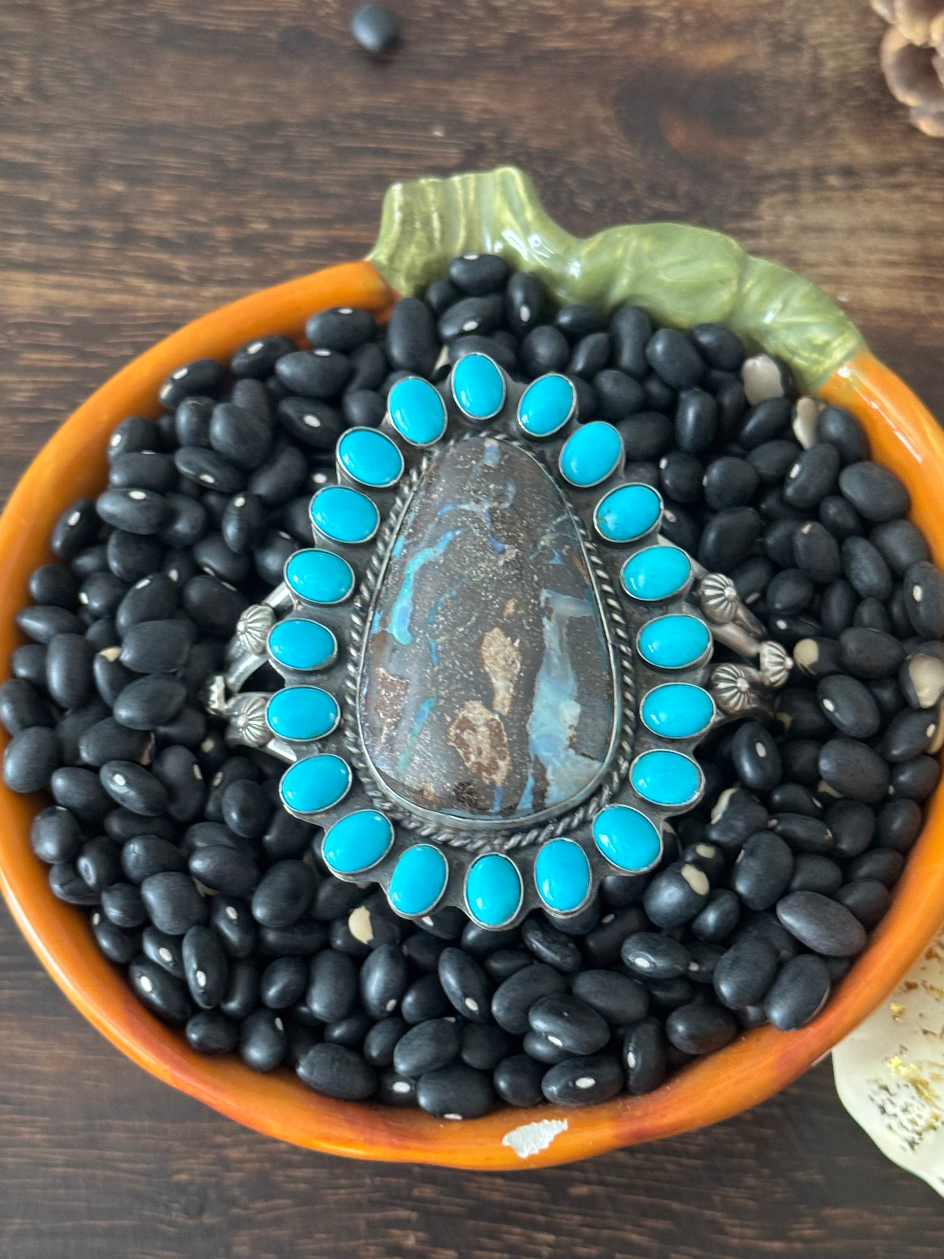 Navajo Made Multi Stone & Sterling Silver Cluster Cuff Bracelet