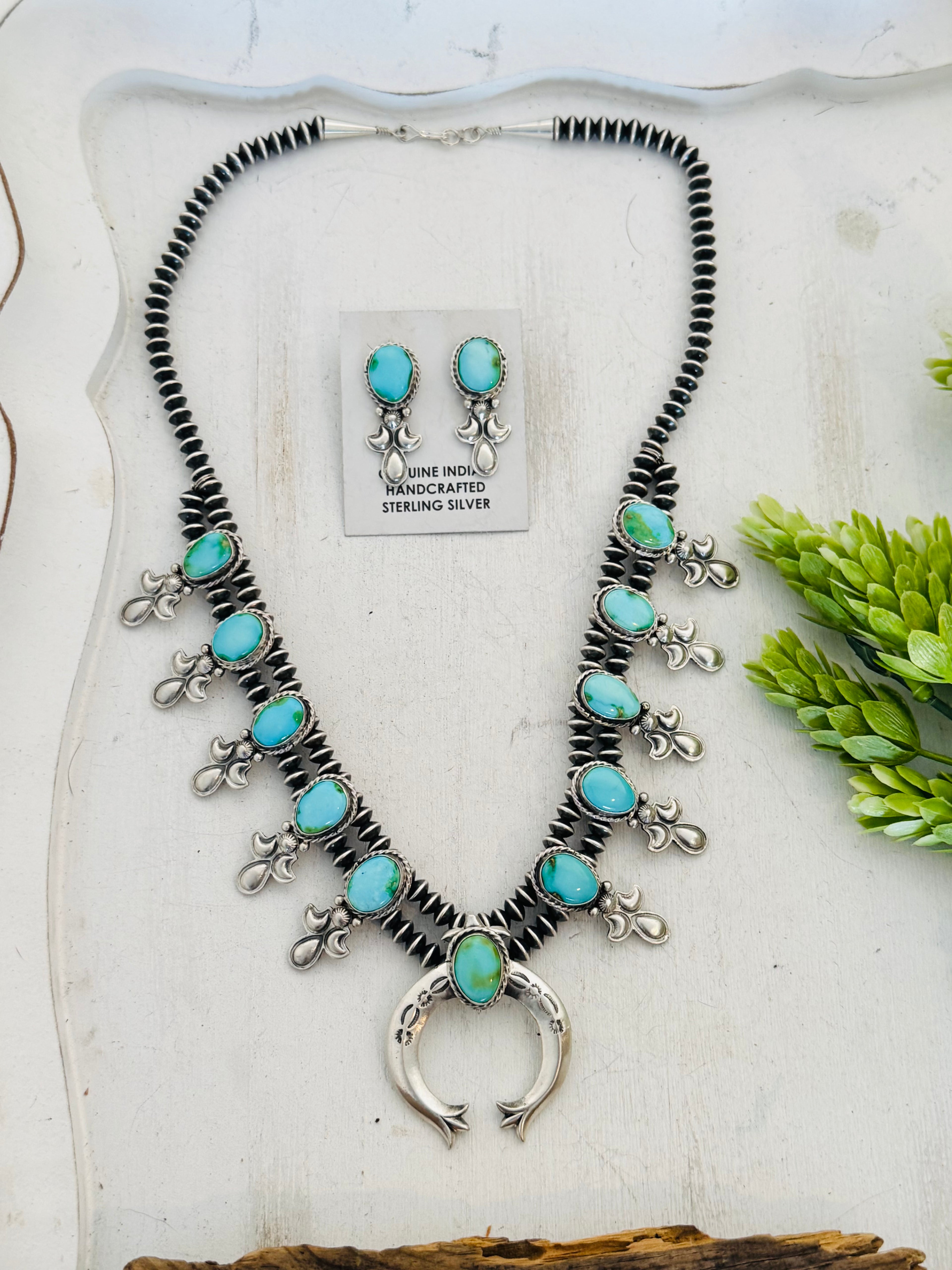 Adrienne Gordon Sonoran Mountain Turquoise Sterling Silver Squash Blossom Necklace Set