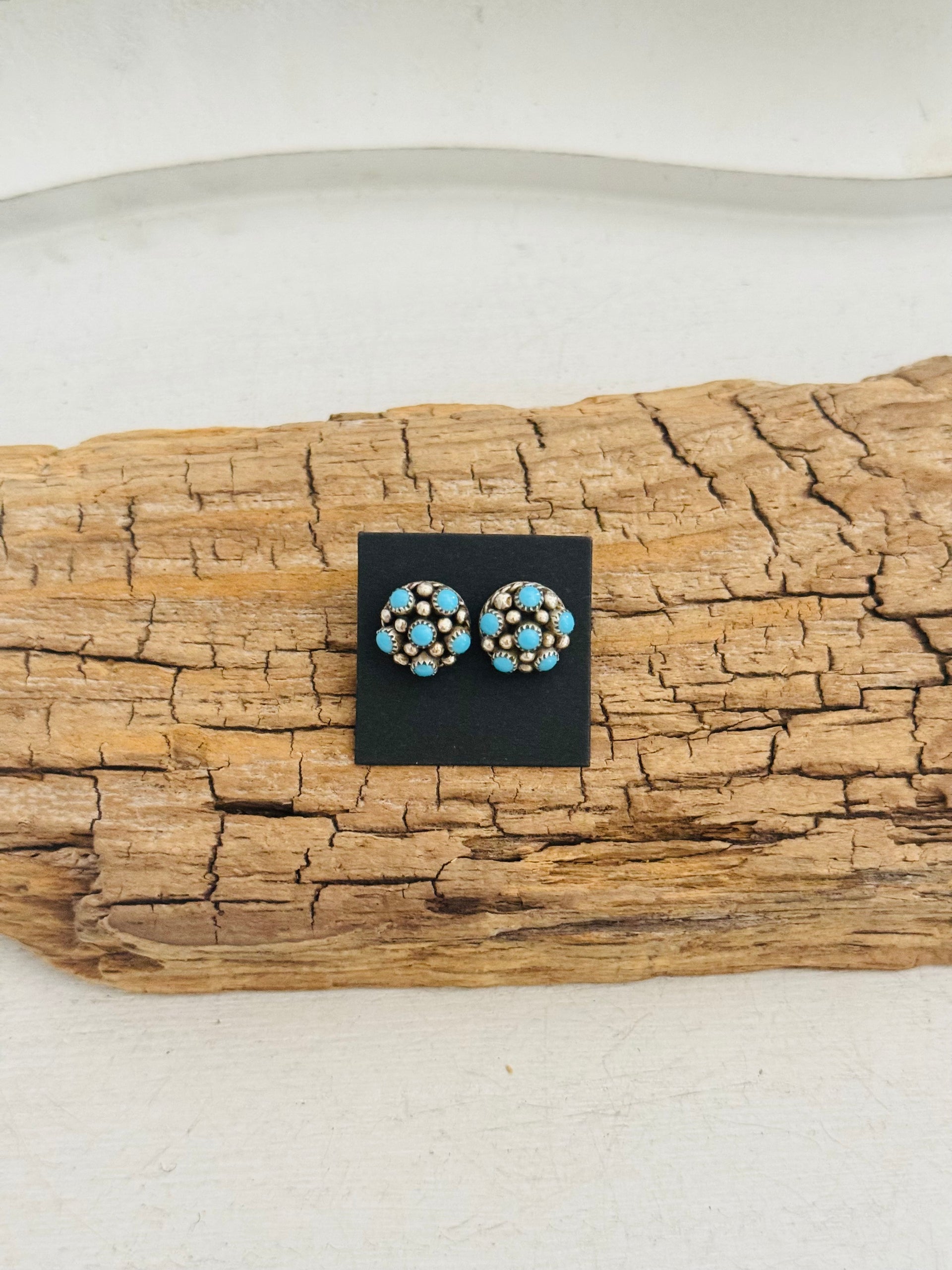 Navajo Made Kingman Turquoise & Sterling Silver Post Cluster Earrings