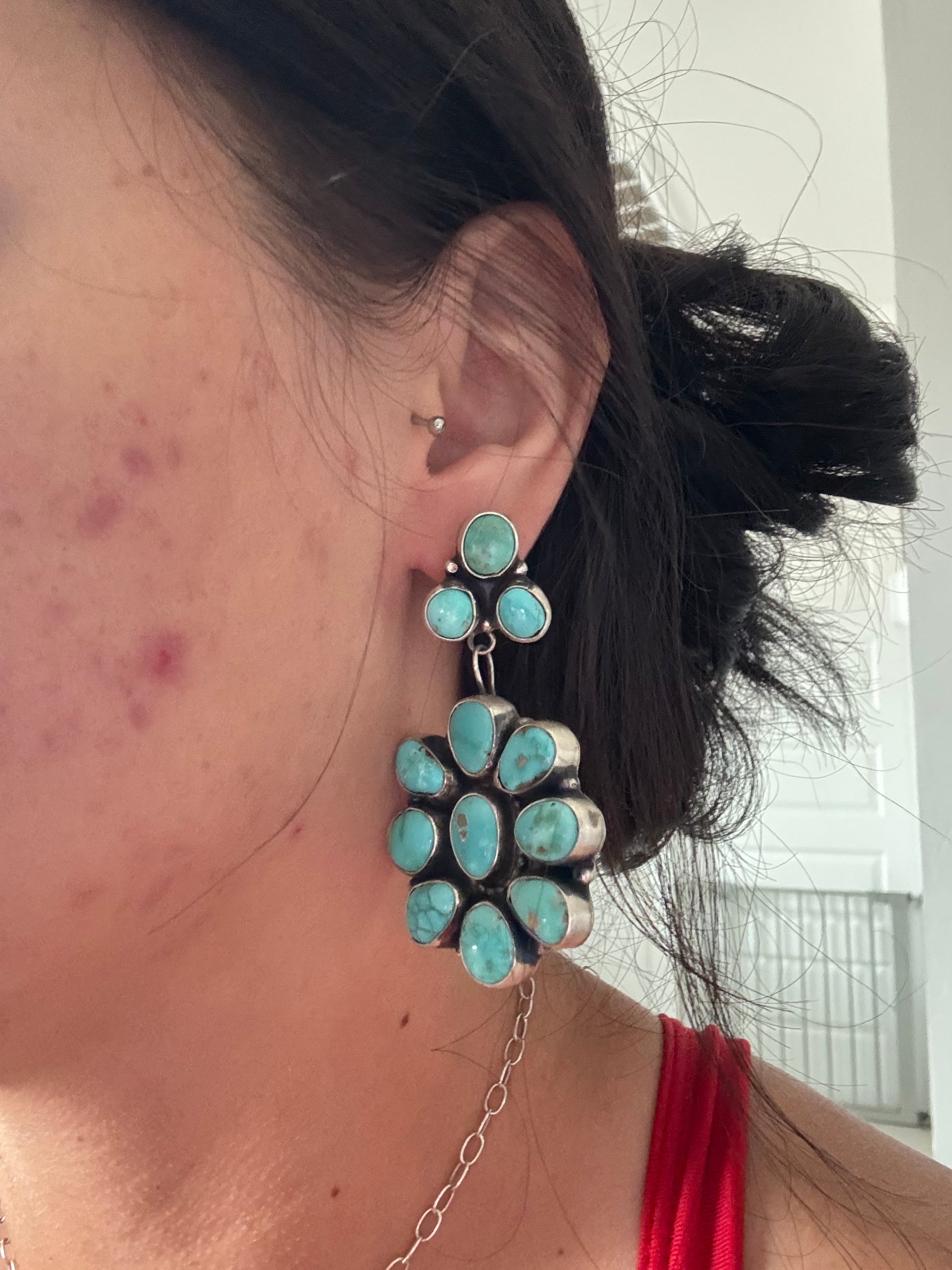 Lydia Begay Royston Turquoise & Sterling Silver Post Dangle Cluster Earrings