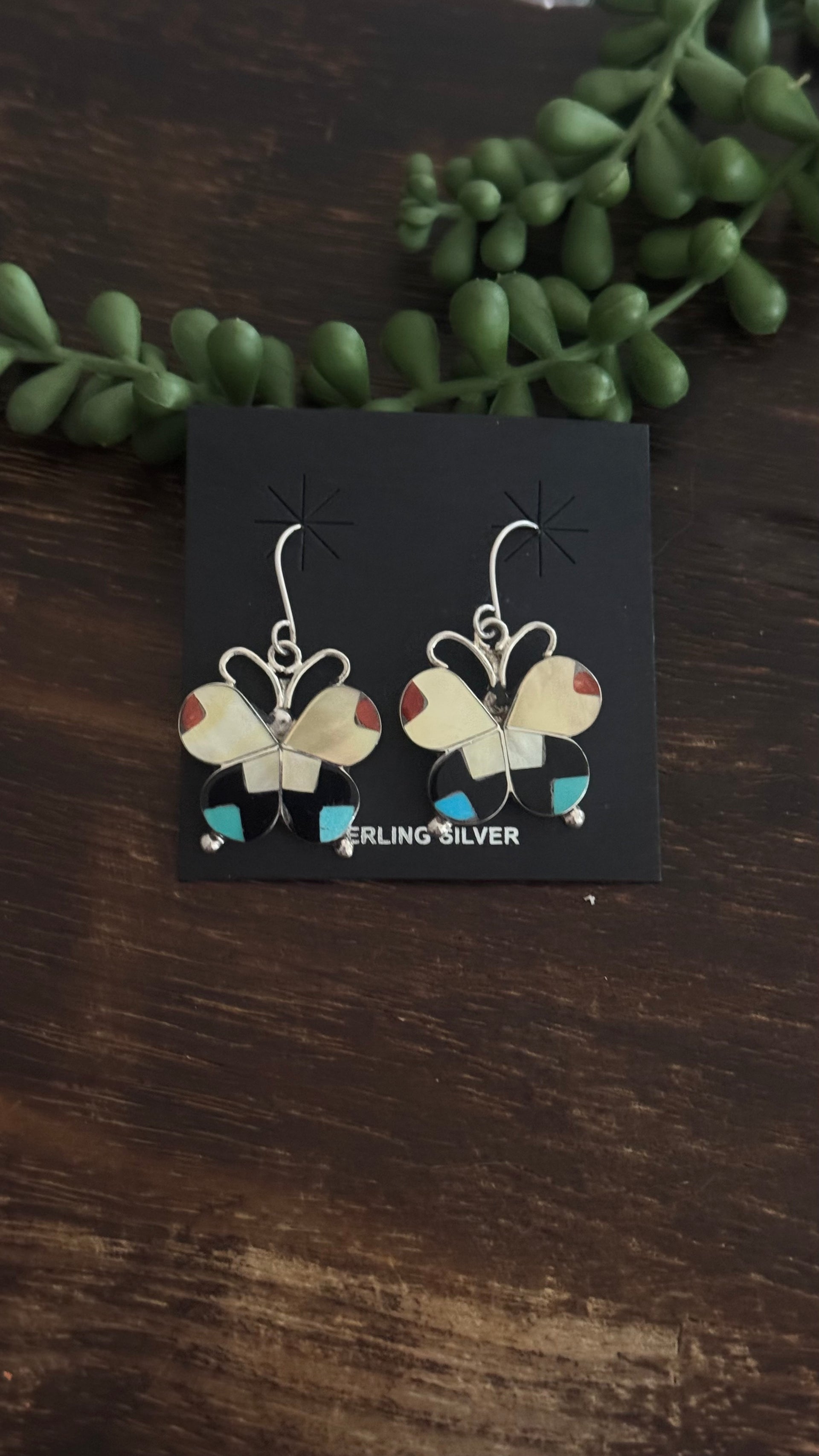 Zuni Made Multi Stone & Sterling Silver Dangle Earrings