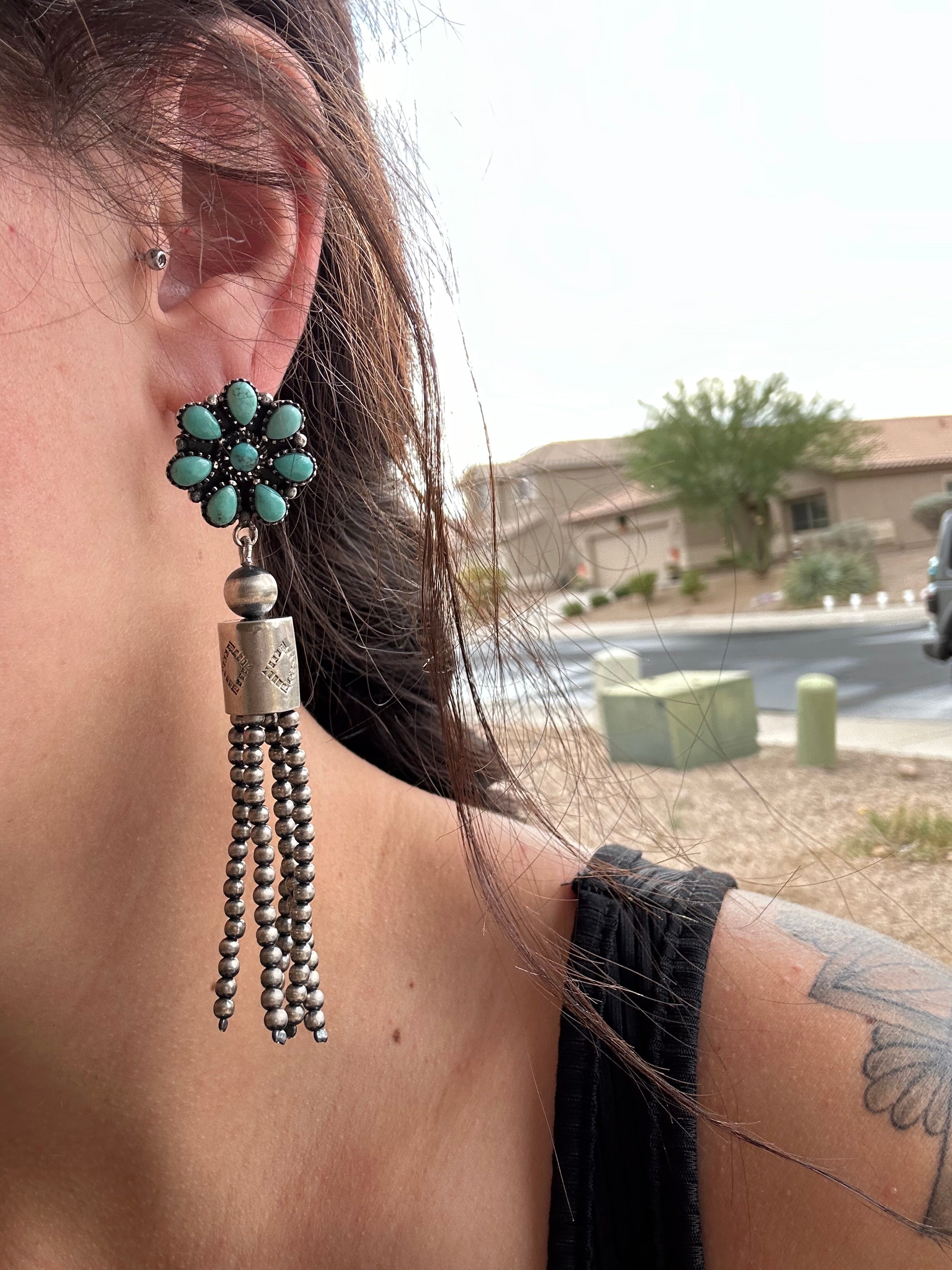 Southwest Handmade Kingman Turquoise & Sterling Silver Post Dangle Cluster Earrings