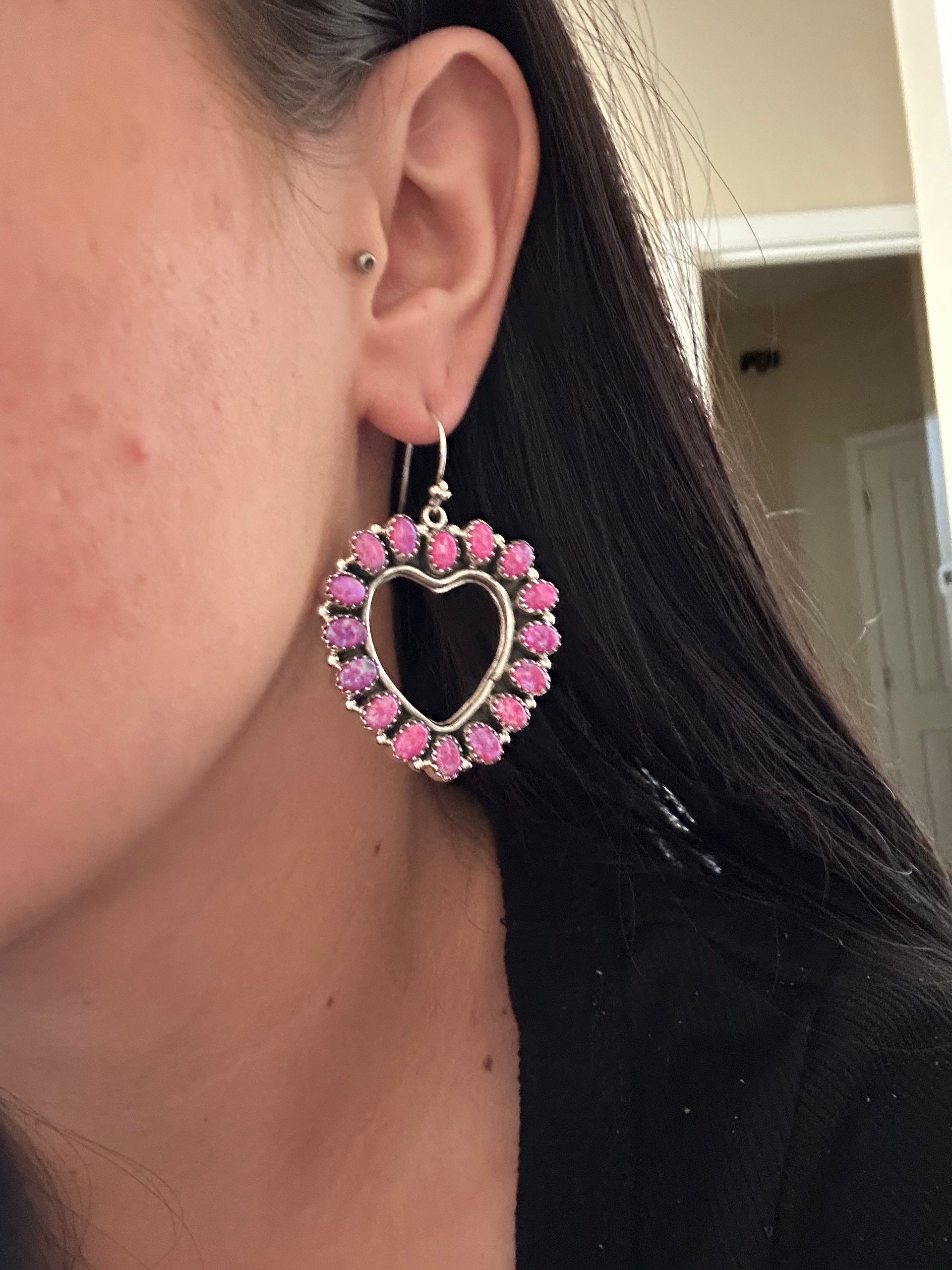 Southwest Pink Opal & Sterling Silver Dangle Cluster Heart Earrings