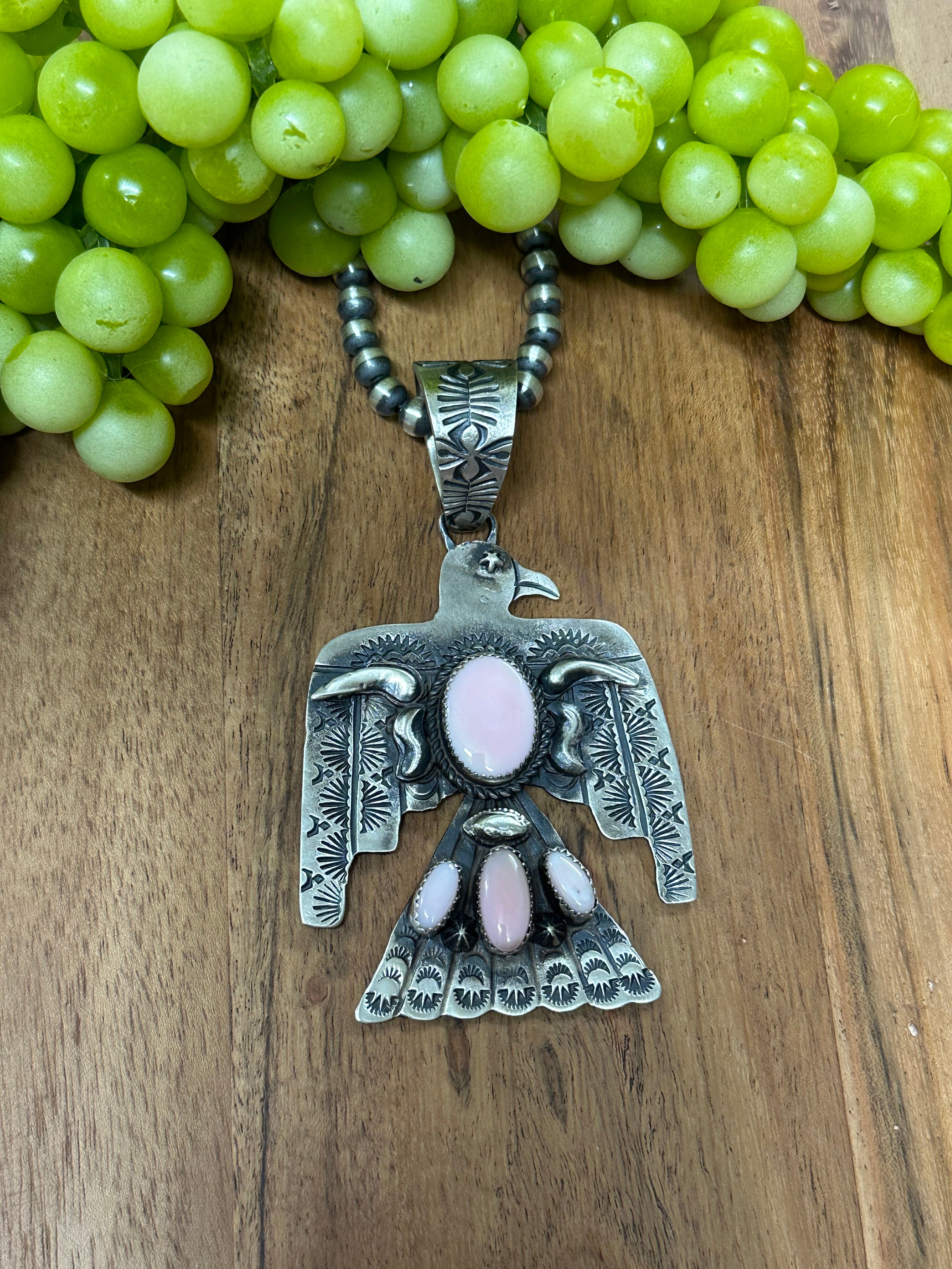 Richard Yazzie Pink Conch & Sterling Silver Thunderbird Pendant