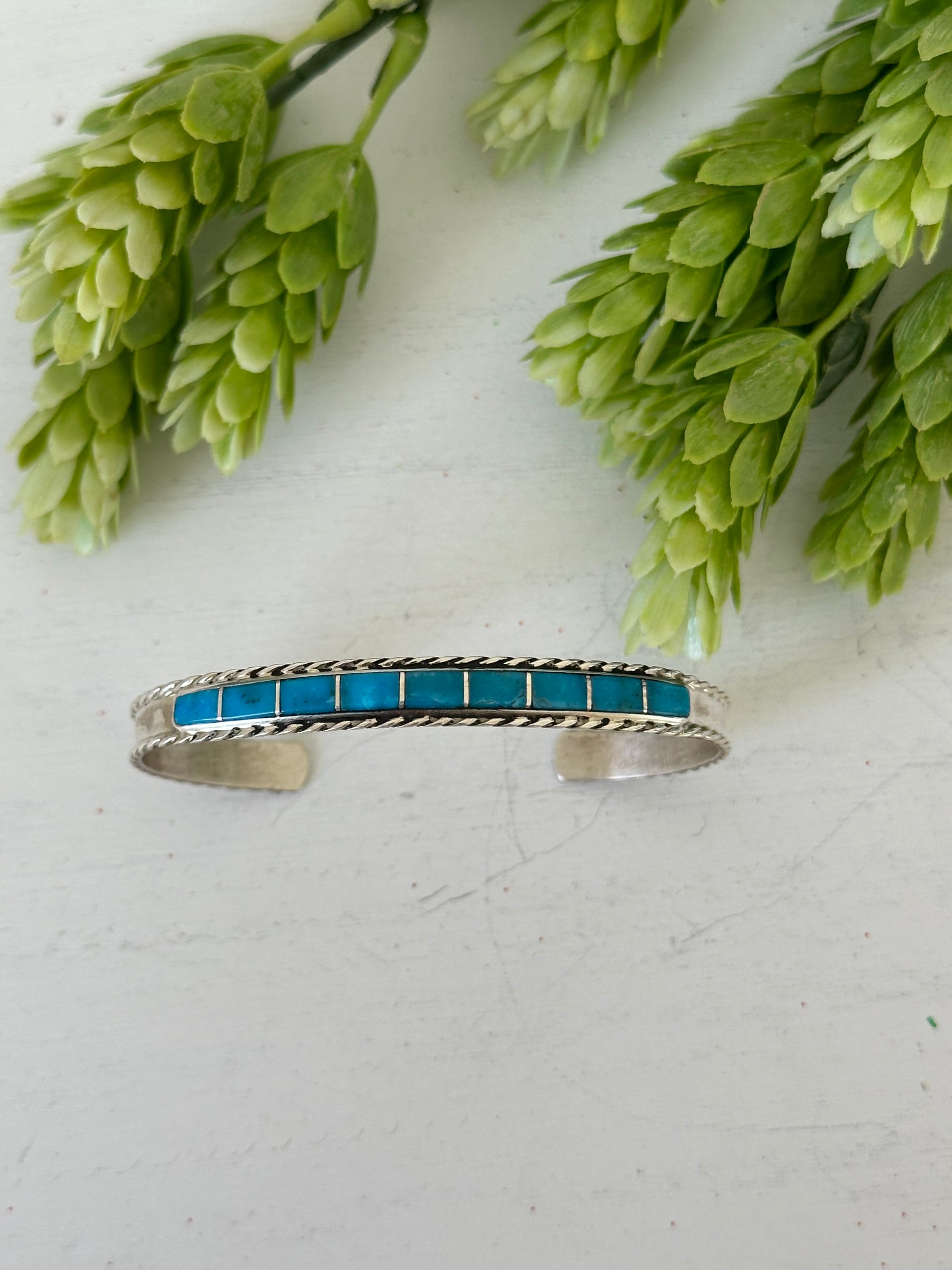 Navajo Made Kingman Turquoise & Sterling Silver Inlay Cuff Bracelet