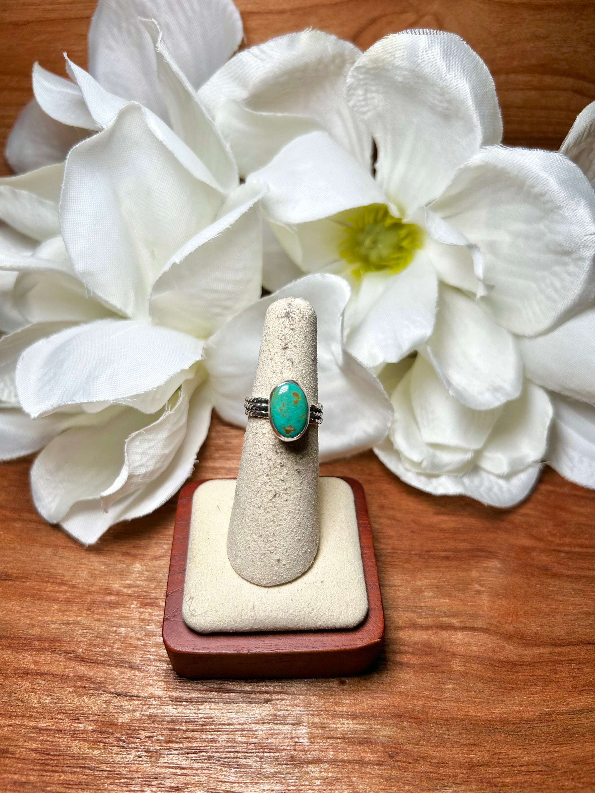 Navajo Made Green Turquoise & Sterling Silver Cluster Ring Size 5.25