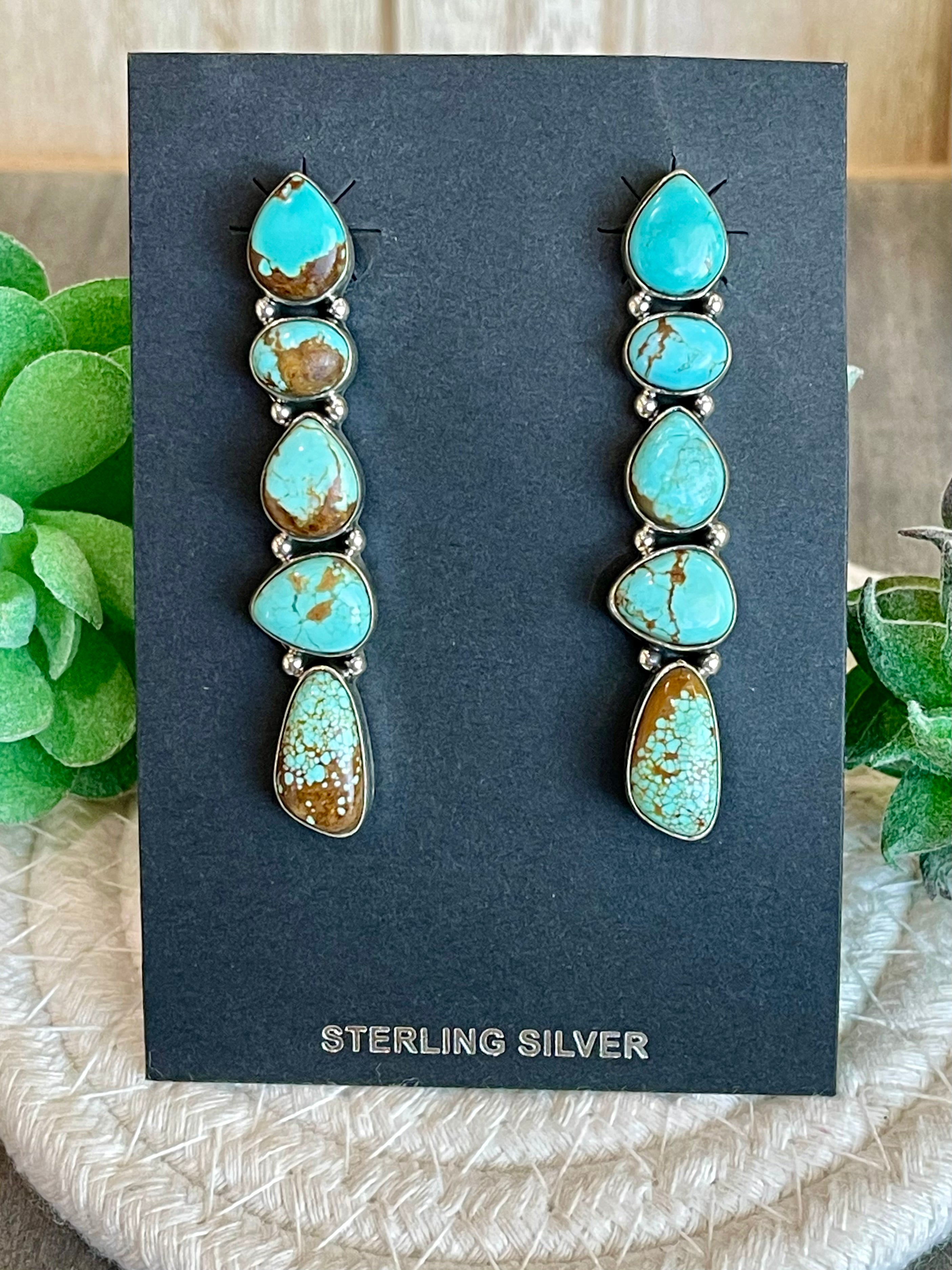 Southwest Handmade Number 8 Turquoise & Sterling Silver 5 Stone Post Earrings