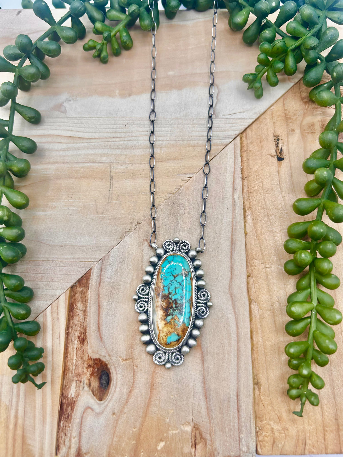 Navajo Made Royston Turquoise & Sterling Silver Cluster Necklace