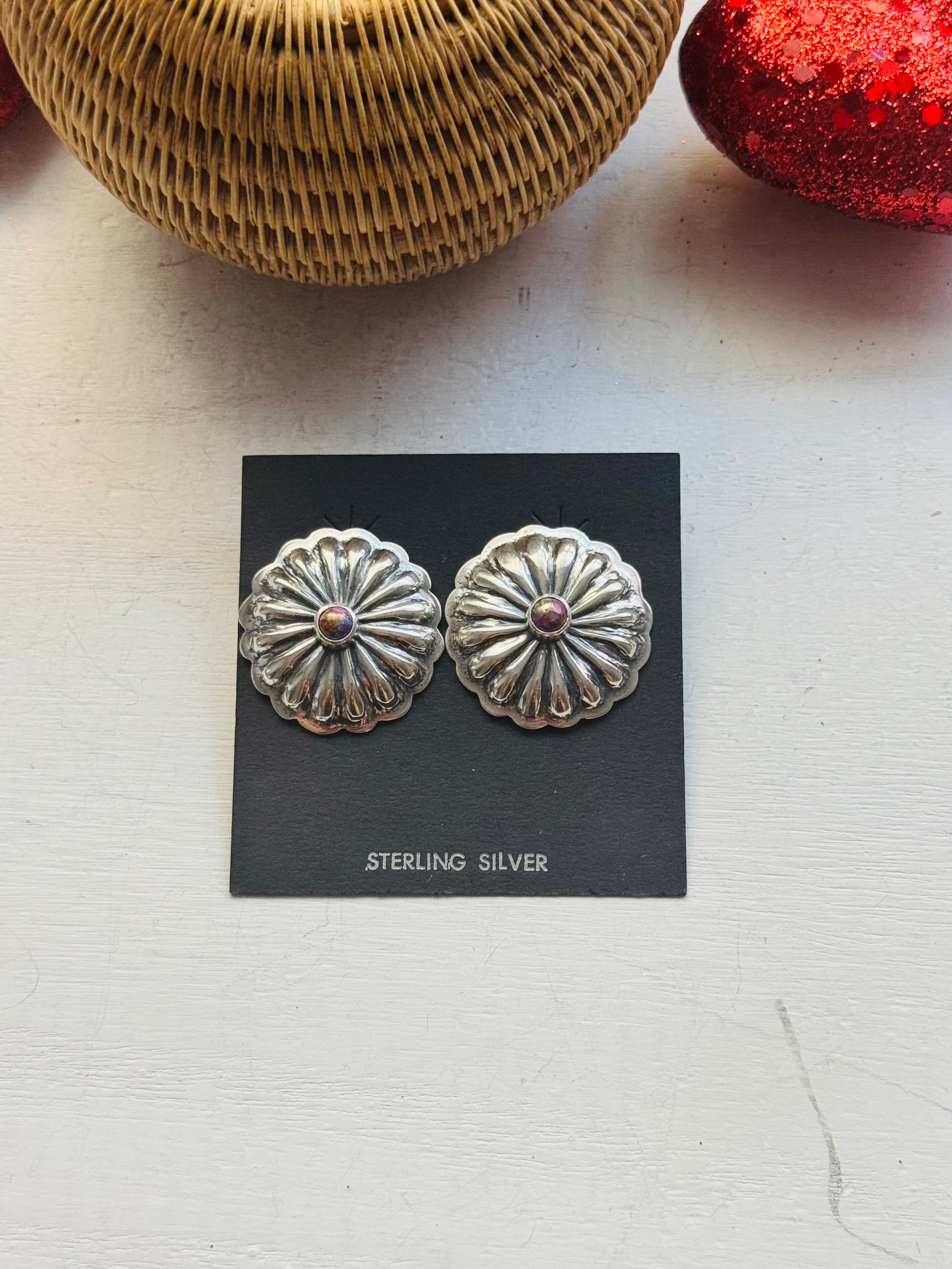 Navajo Made Pink Mohave Turquoise & Sterling Silver Post Concho Earrings