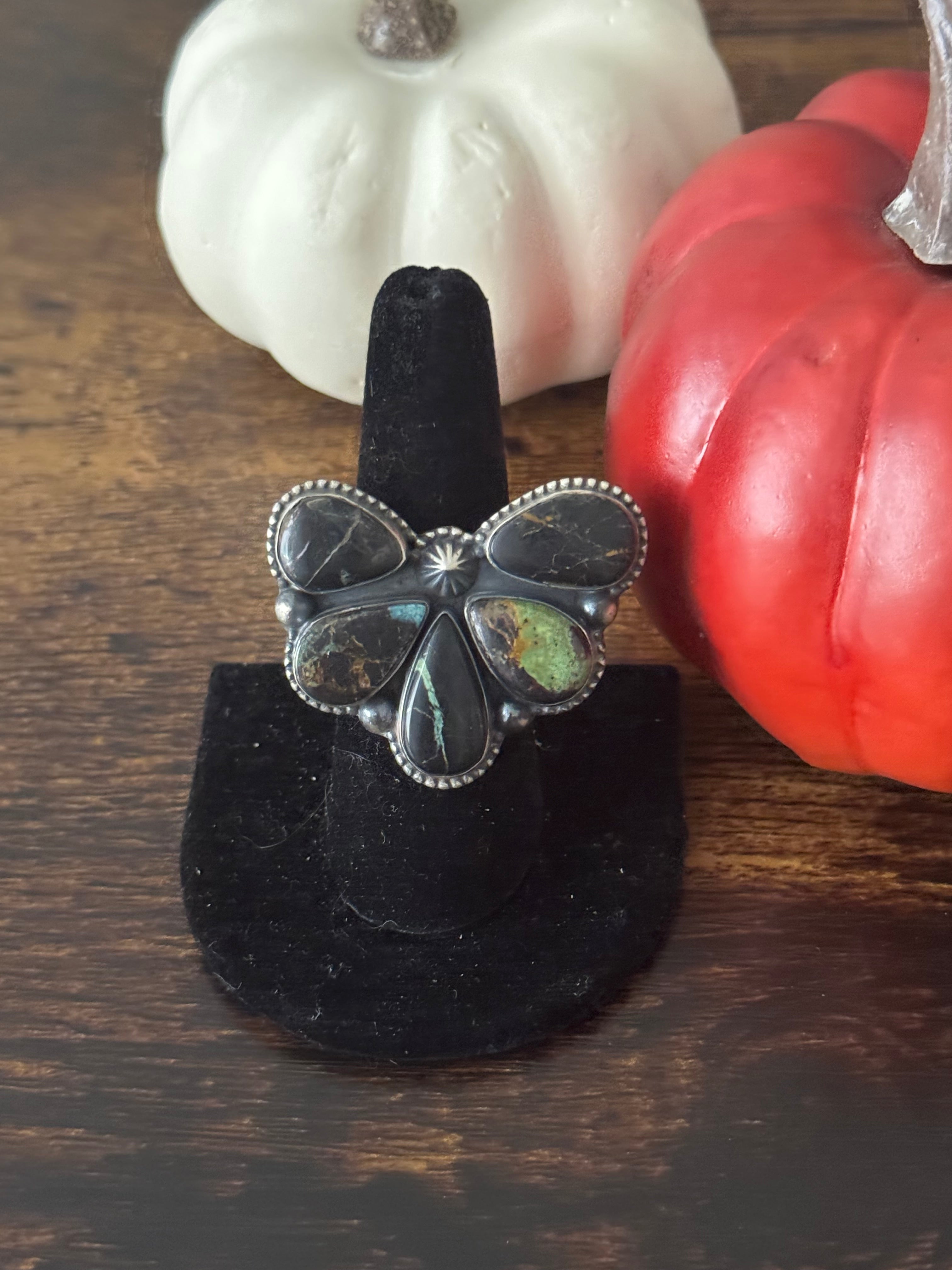 Southwest Handmade Black Jack Turquoise & Sterling Silver Adjustable Naja Ring