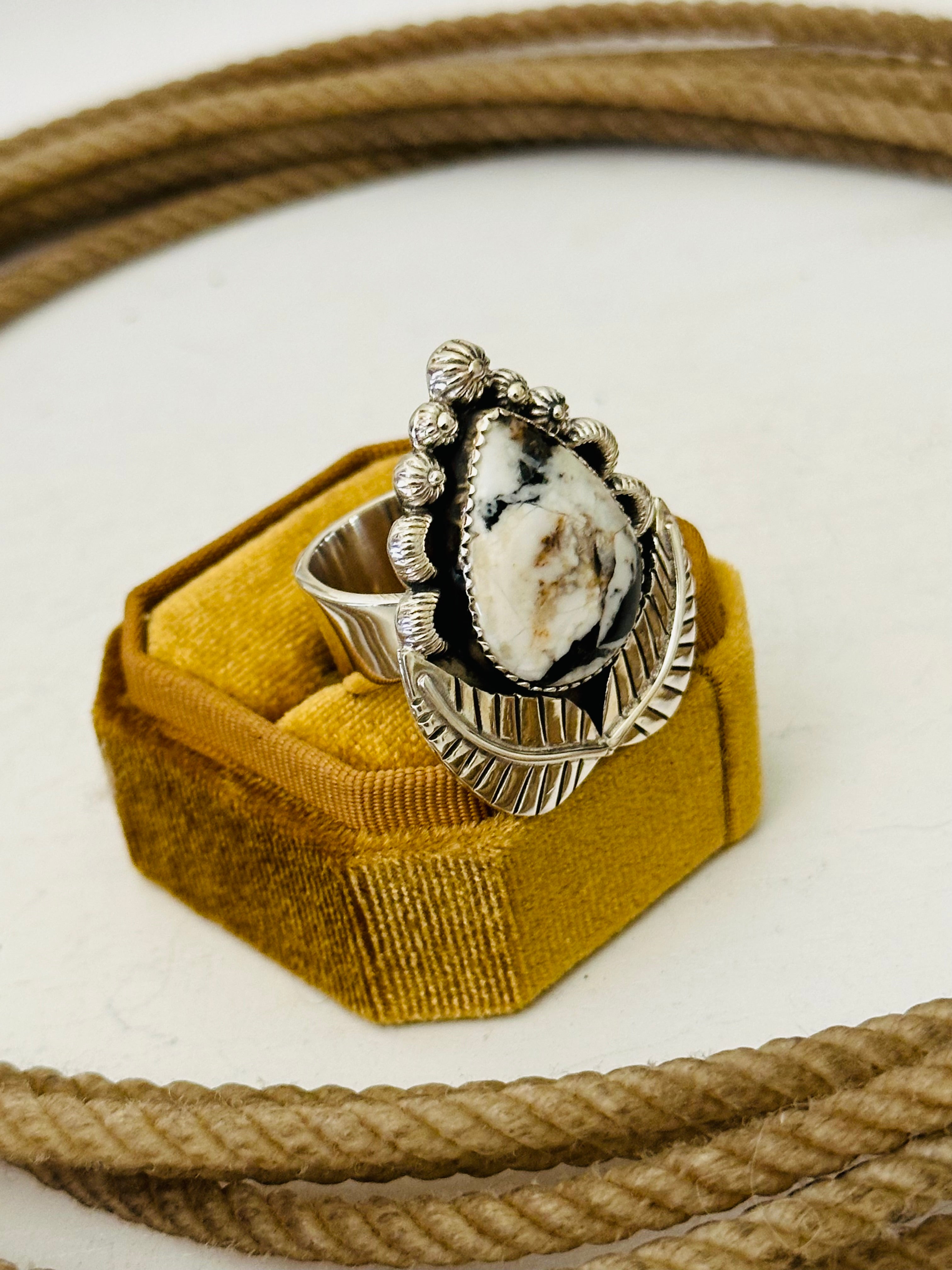 Southwest Handmade White Buffalo & Sterling Silver Adjustable Ring