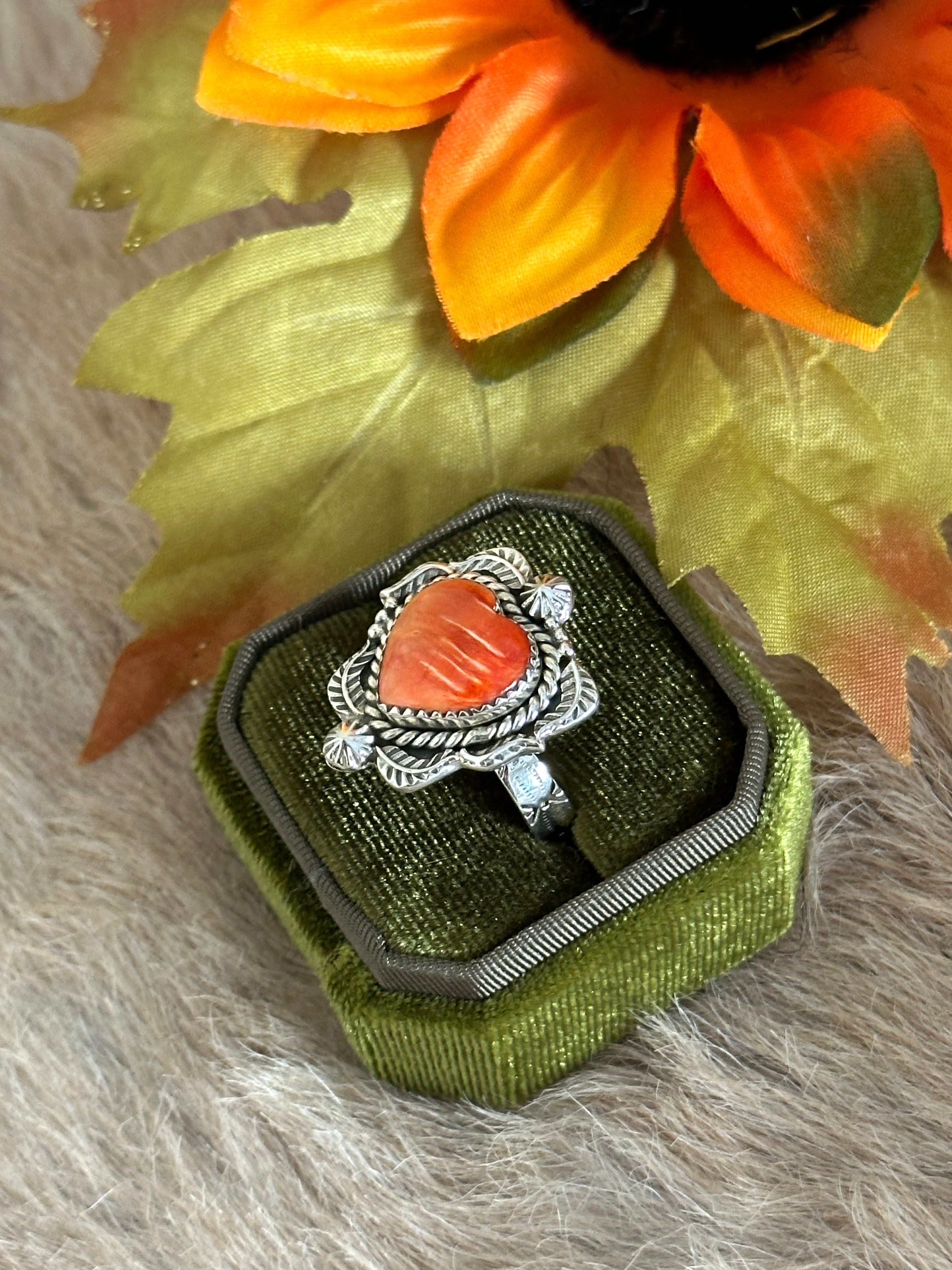 Southwest Handmade Spiny Oyster & Sterling Silver Adjustable Heart Ring