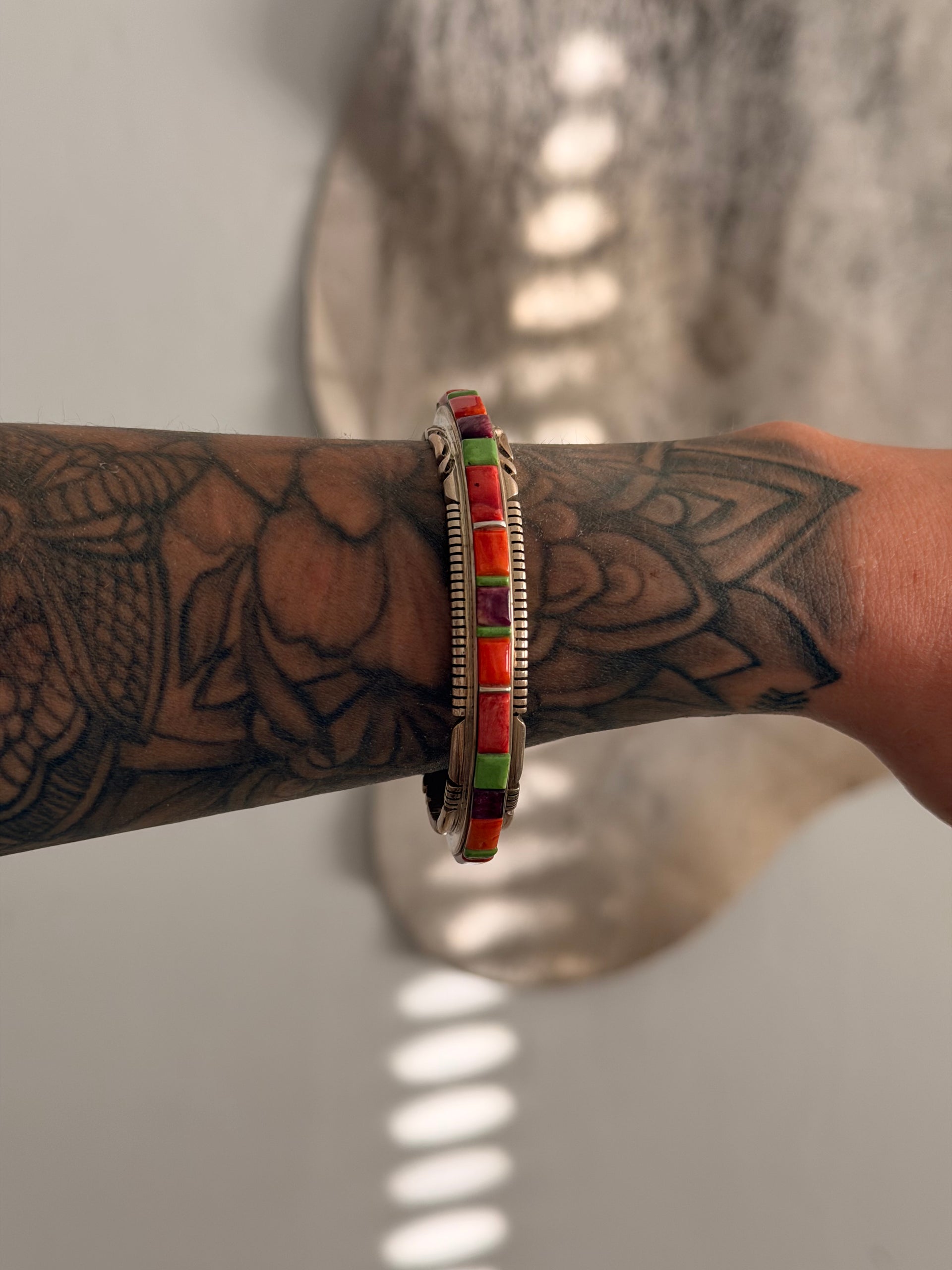 Old Pawn Thomas Francisco Vintage Multi Stone & Sterling Silver Cobblestone Cuff Bracelet