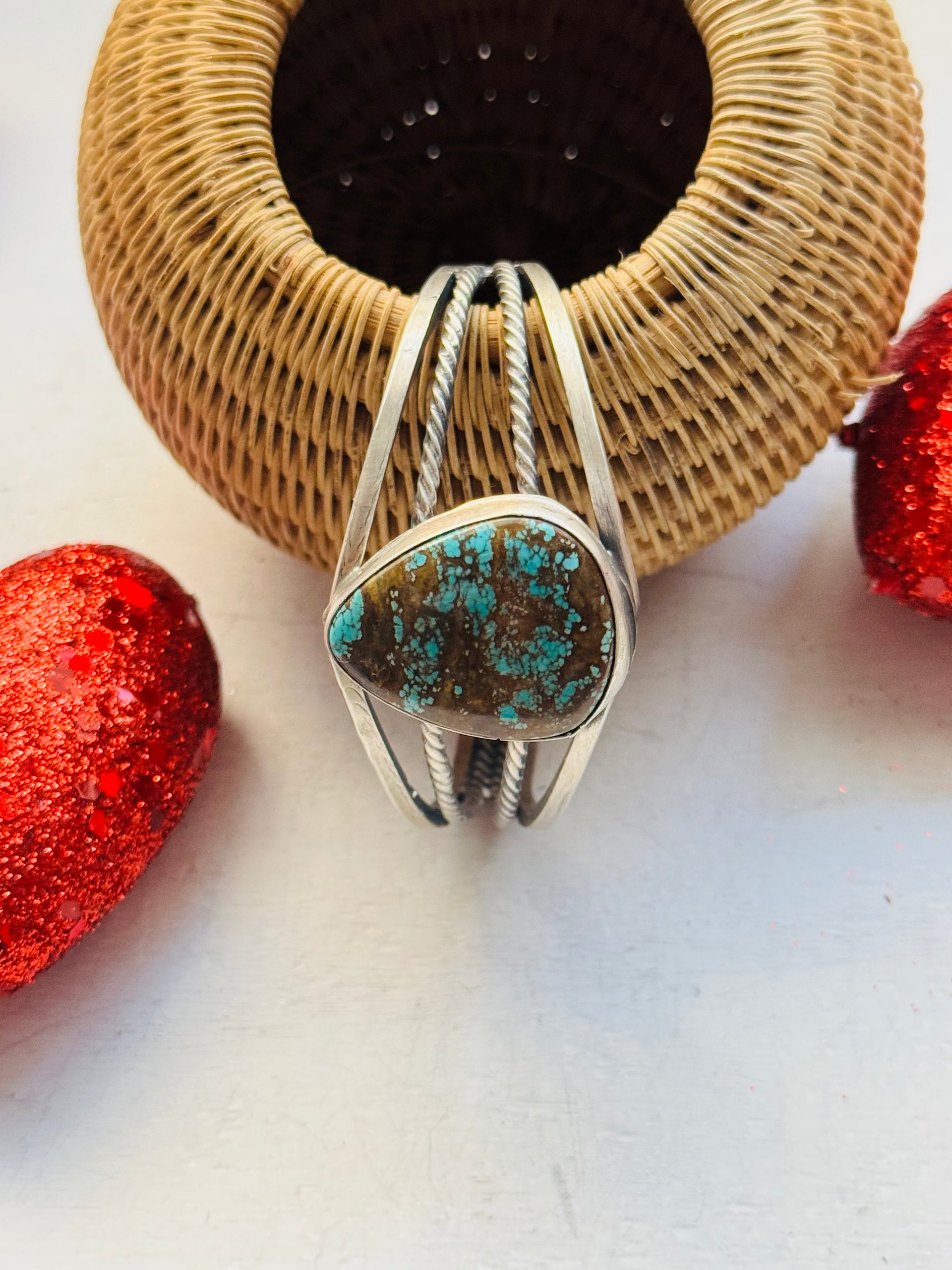 Navajo Handmade #8 Turquoise & Sterling Silver Cuff Bracelet