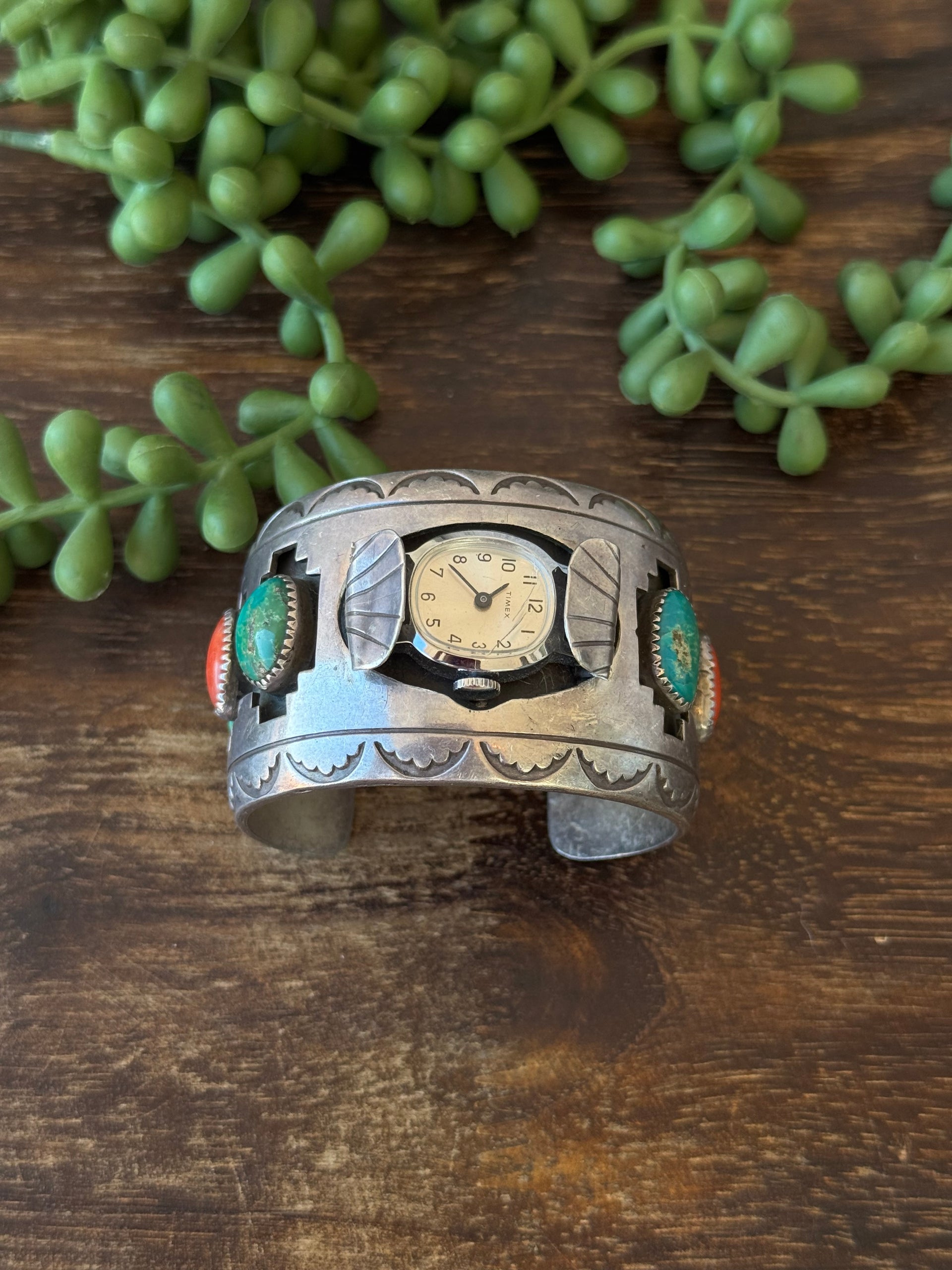 Vintage Navajo Made Multi Stone & Sterling Silver Watch Cuff Bracelet