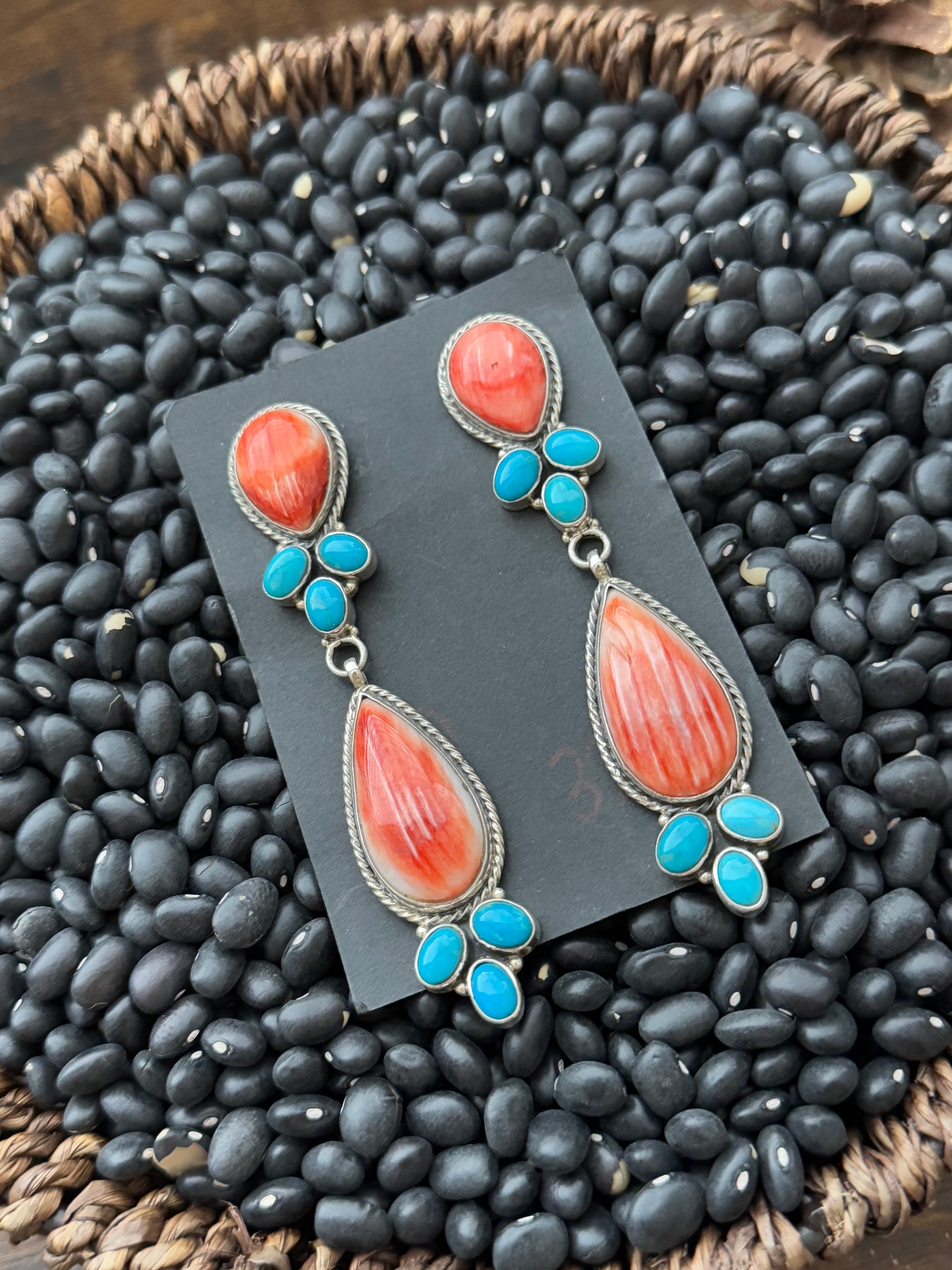 Navajo Made Multi Stone & Sterling Silver Post Dangle Earrings