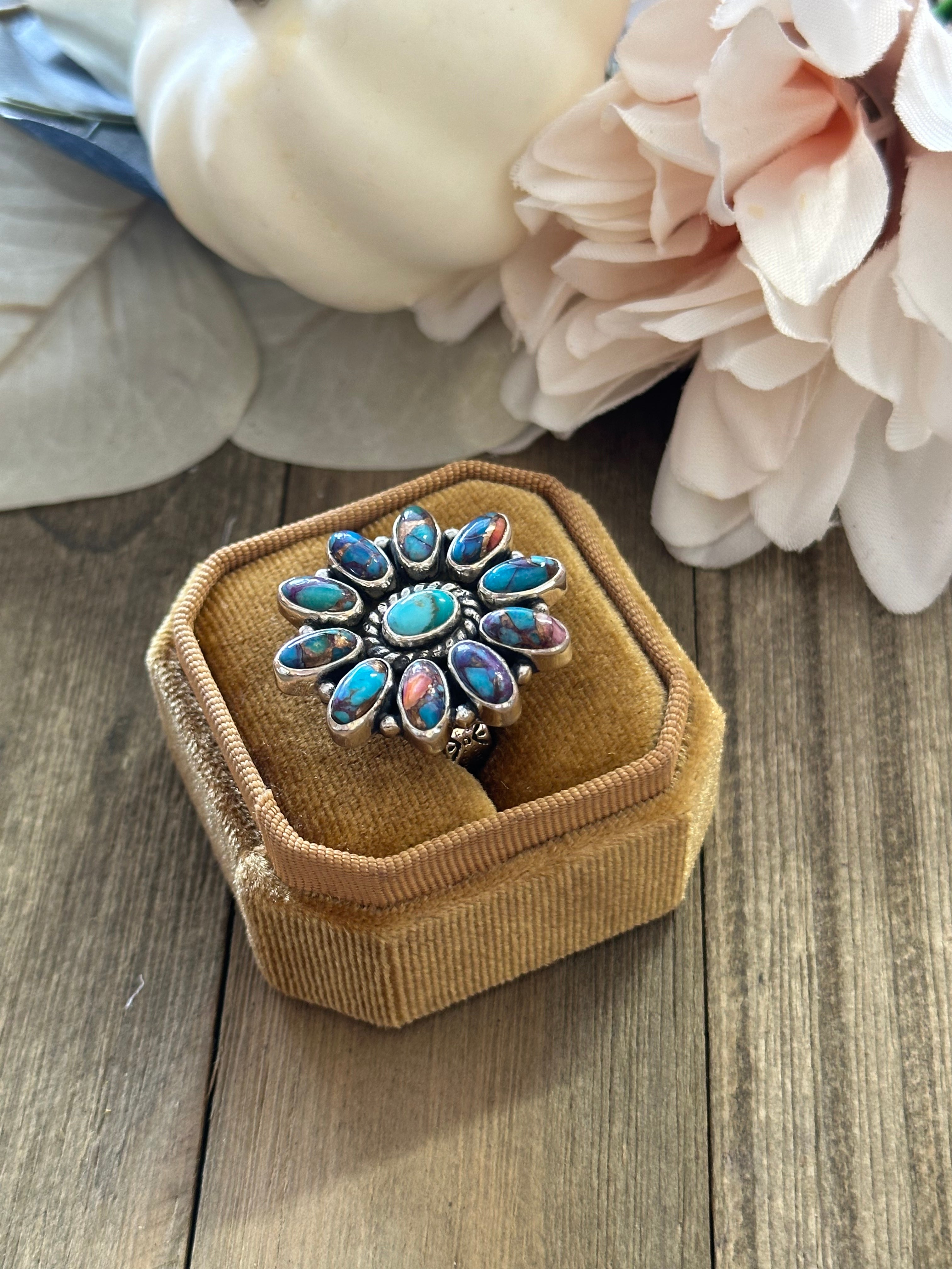 Southwest Handmade Mohave Turquoise & Sterling Silver Adjustable Cluster Ring