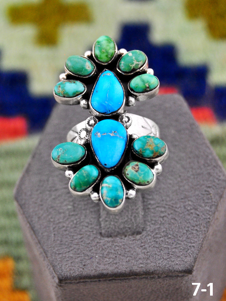 Southwest Handmade Emerald Valley with White Water & Sterling Silver Adjustable Ring