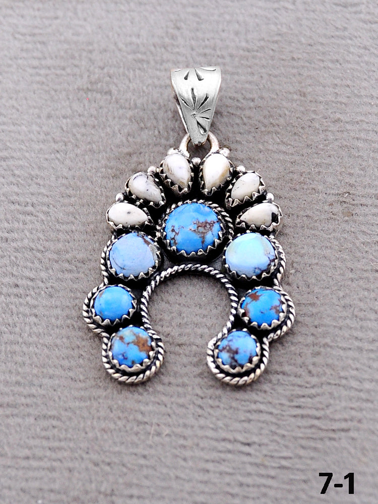 Southwest Handmade White Buffalo with Golden Hills Turquoise & Sterling Silver Pendants