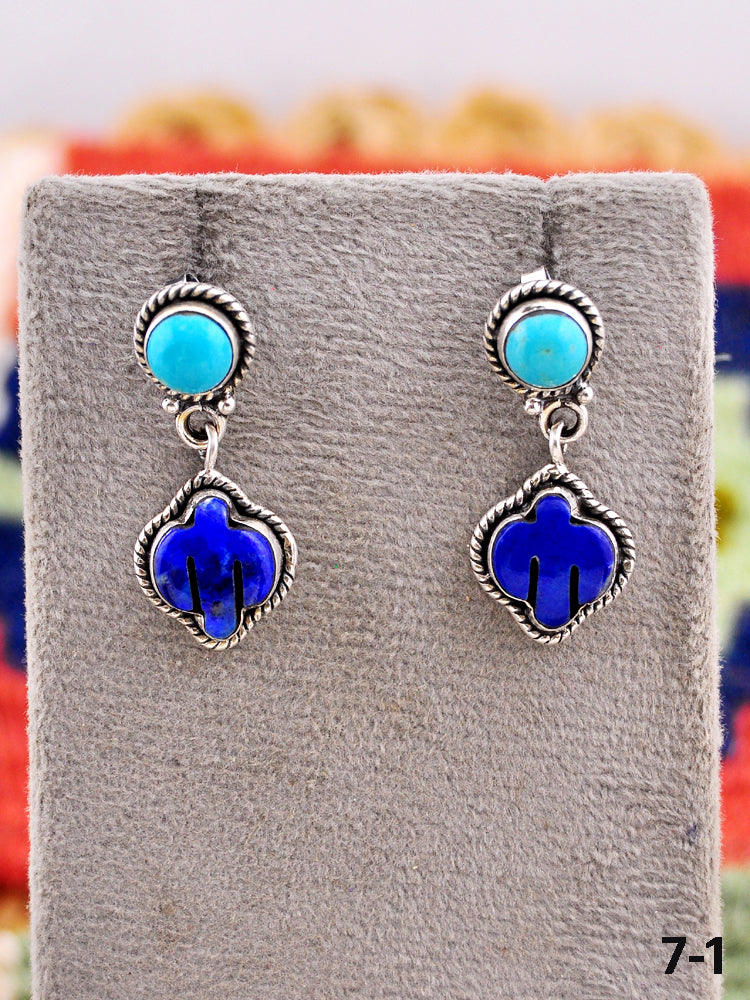 Southwest Made Lapis Lazuli with Kingman Turquoise & Sterling Silver Cactus Post Earrings
