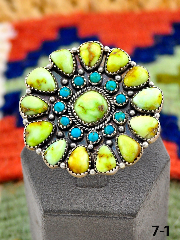 Southwest Handmade Palomino Turquoise with Mohave Turquoise & Sterling Silver Adjustable Ring