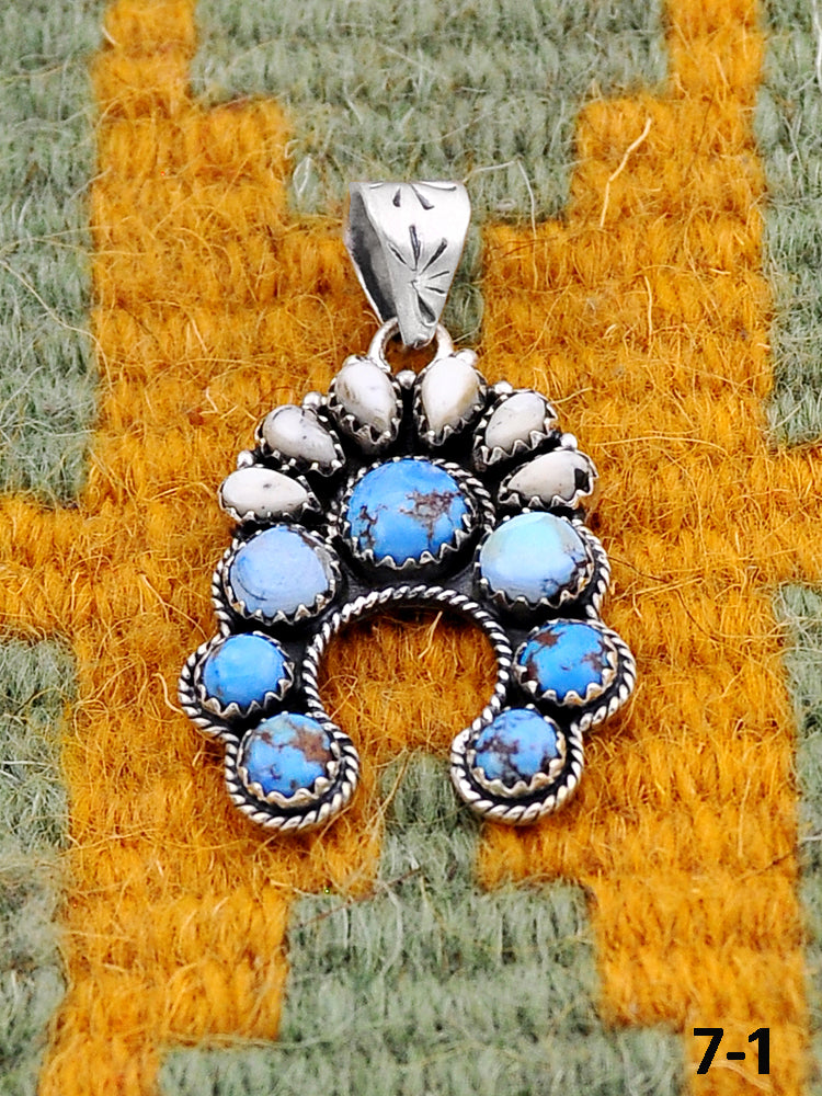 Southwest Handmade White Buffalo with Golden Hills Turquoise & Sterling Silver Pendants