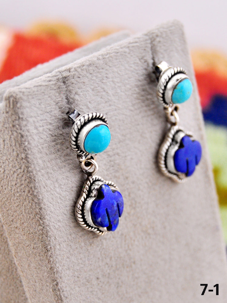 Southwest Made Lapis Lazuli with Kingman Turquoise & Sterling Silver Cactus Post Earrings