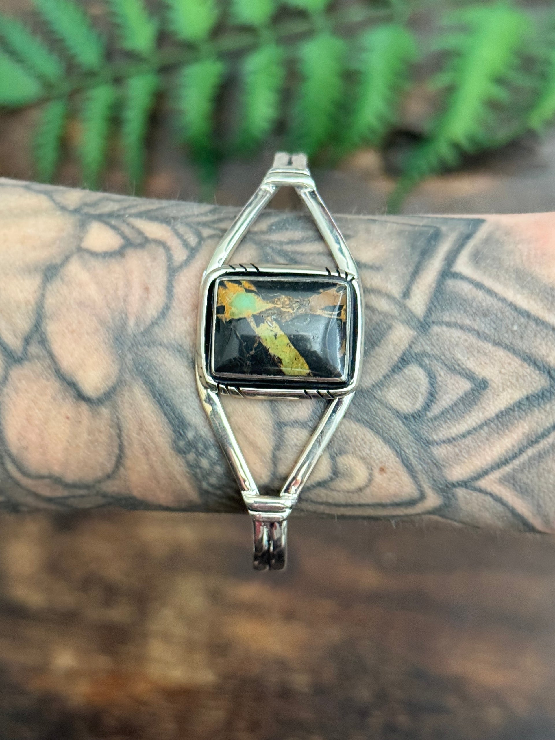 Navajo Made Black Jack Turquoise & Sterling Silver Cuff Bracelet