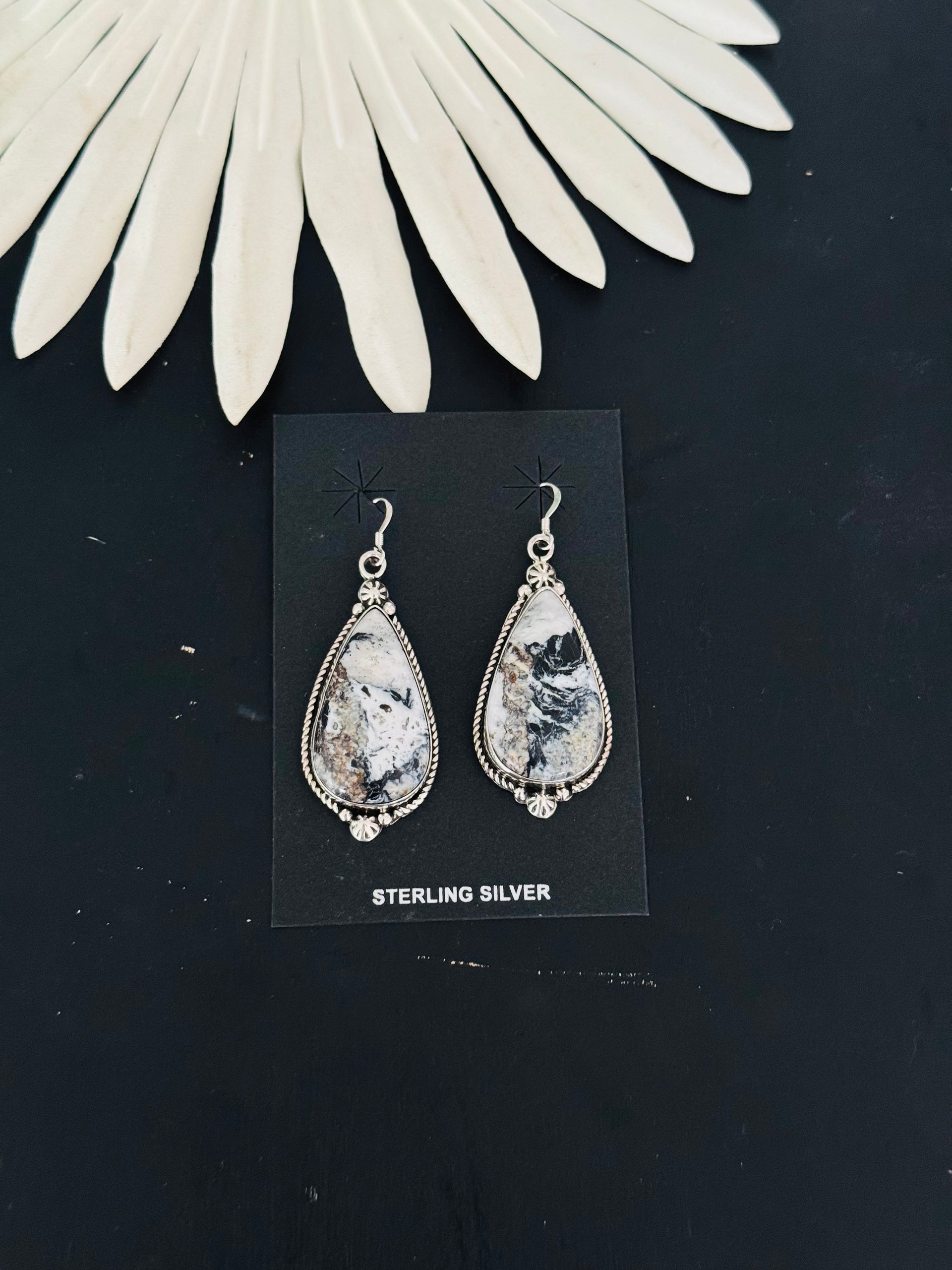 Navajo Made White Buffalo & Sterling Silver Dangle Earrings