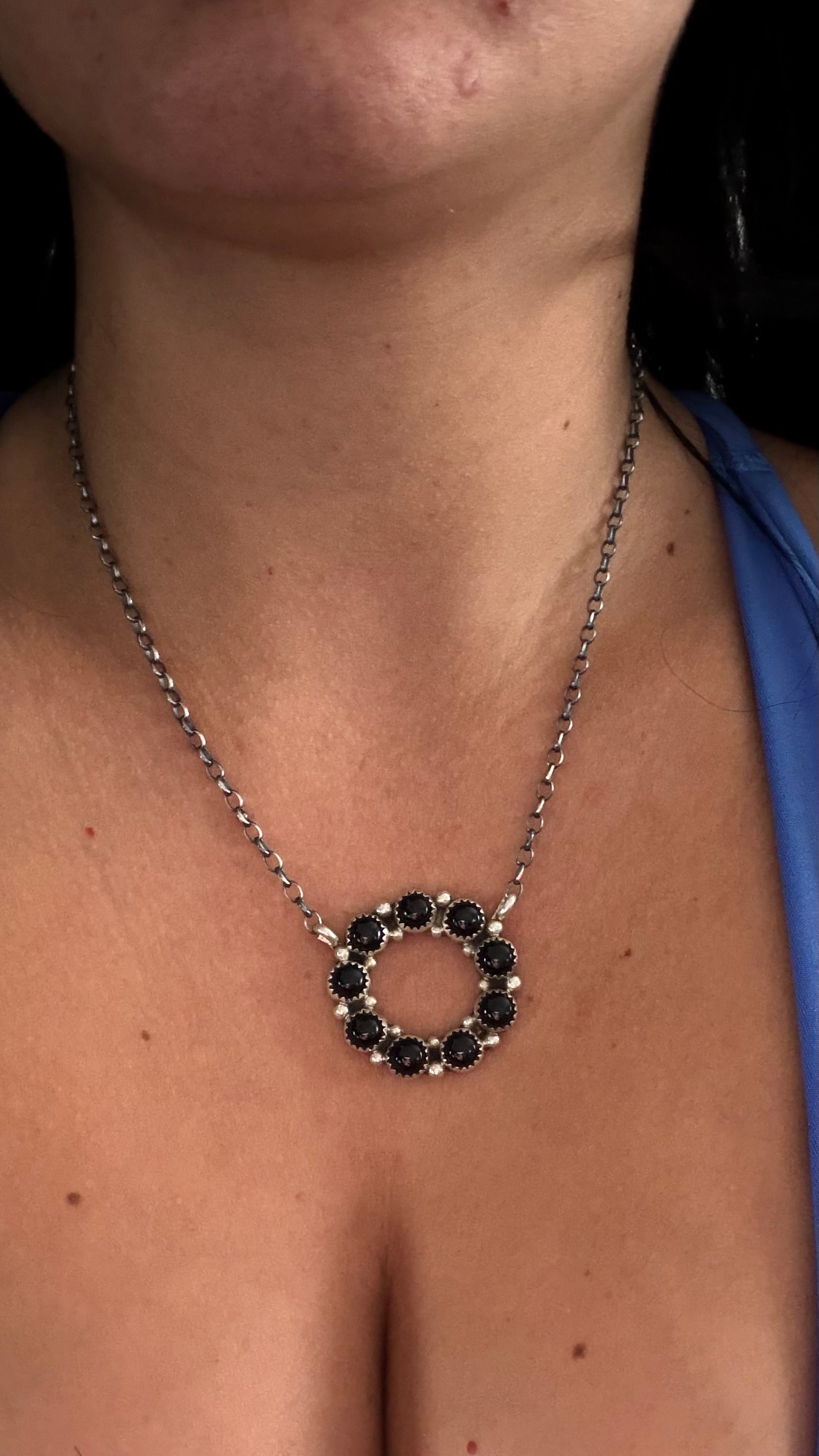 Navajo Made Onyx & Sterling Silver Cluster Necklace