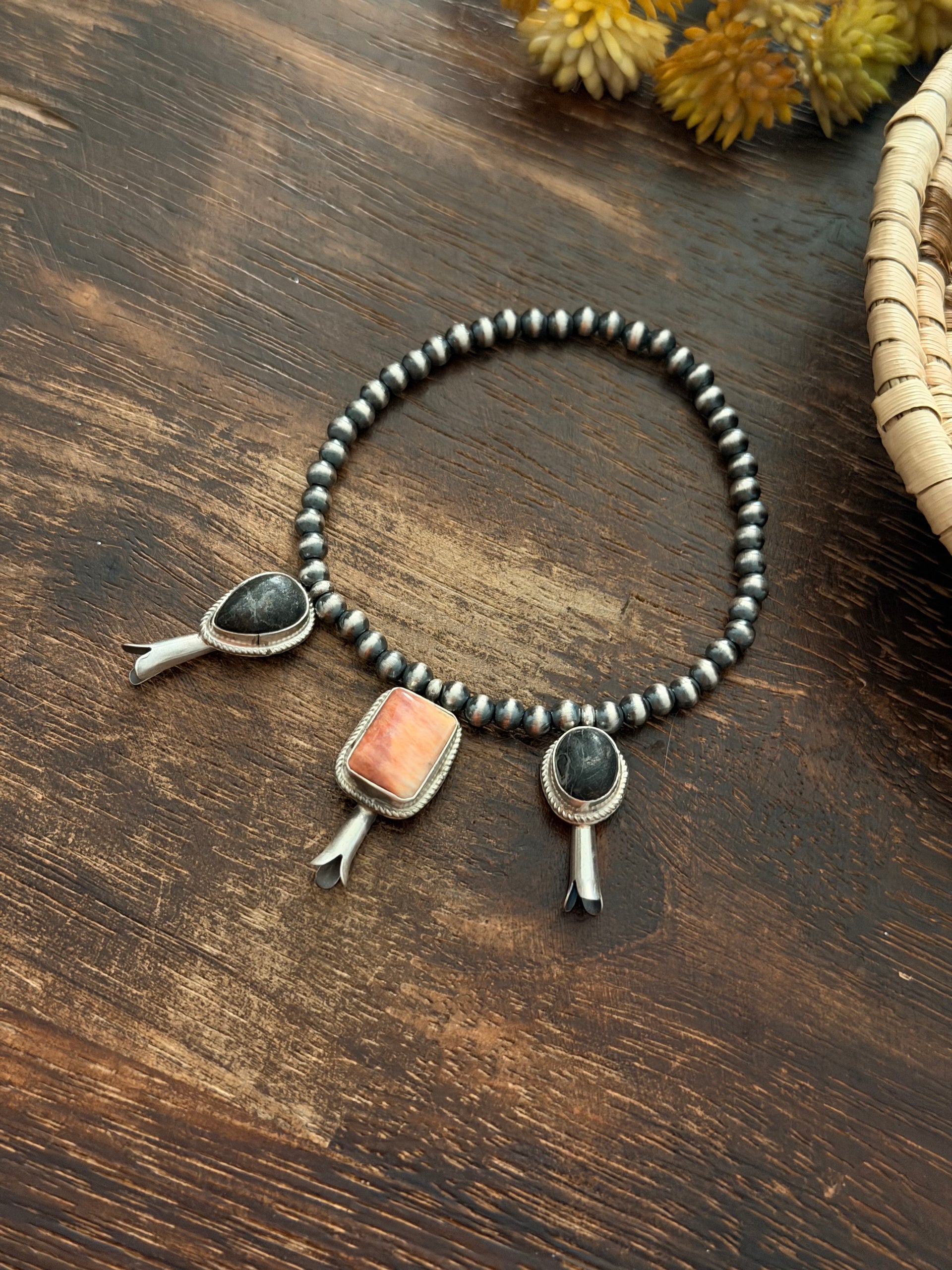 George Rios Multi Stone & Sterling Silver Hand Strung Pearl Beaded Stretch Bracelet