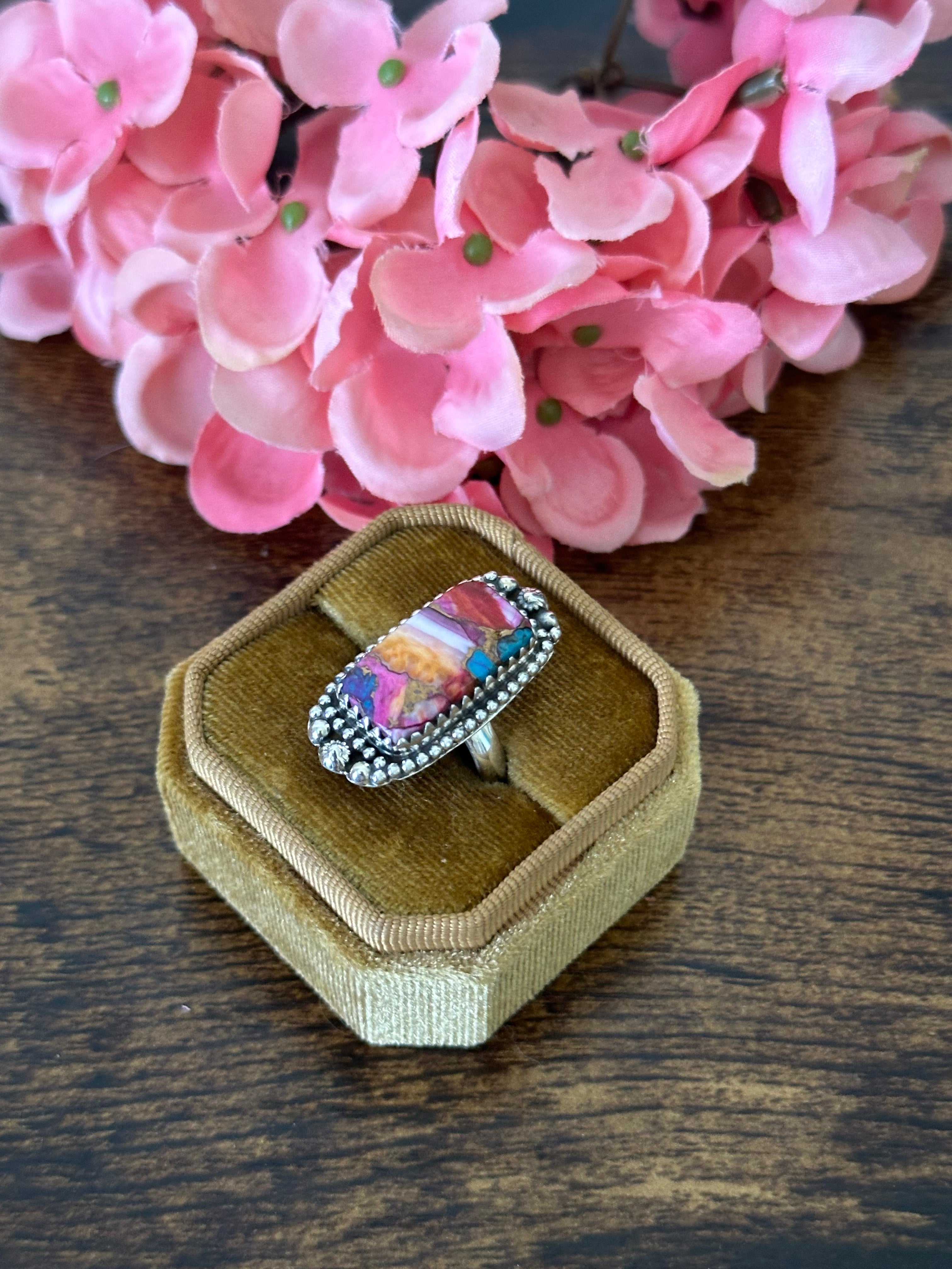 Southwest Handmade Pink Mohave Turquoise & Sterling Silver Ring Size 6.75