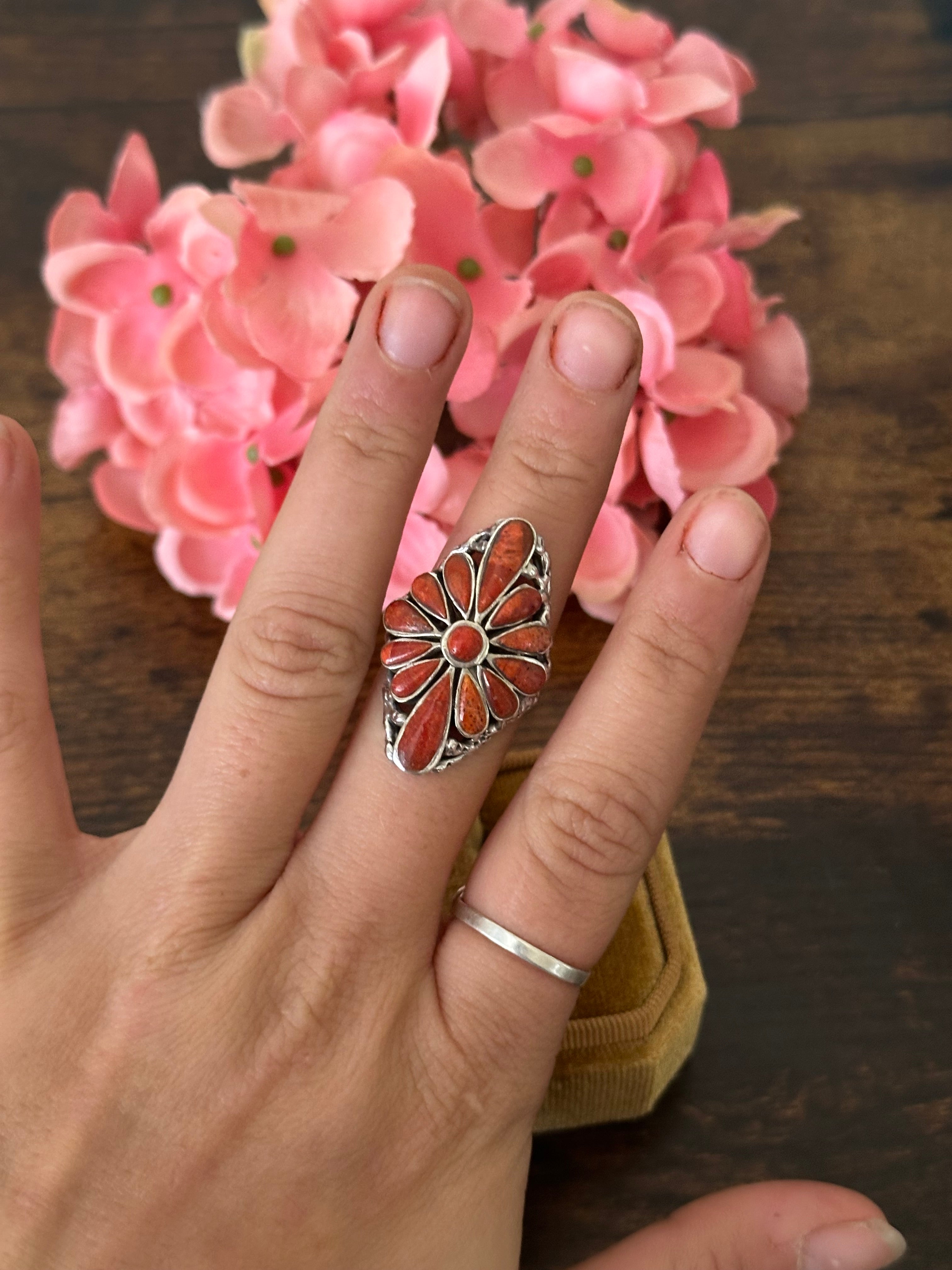 Southwest Handmade Red Coral & Sterling Silver Cluster Adjustable Ring