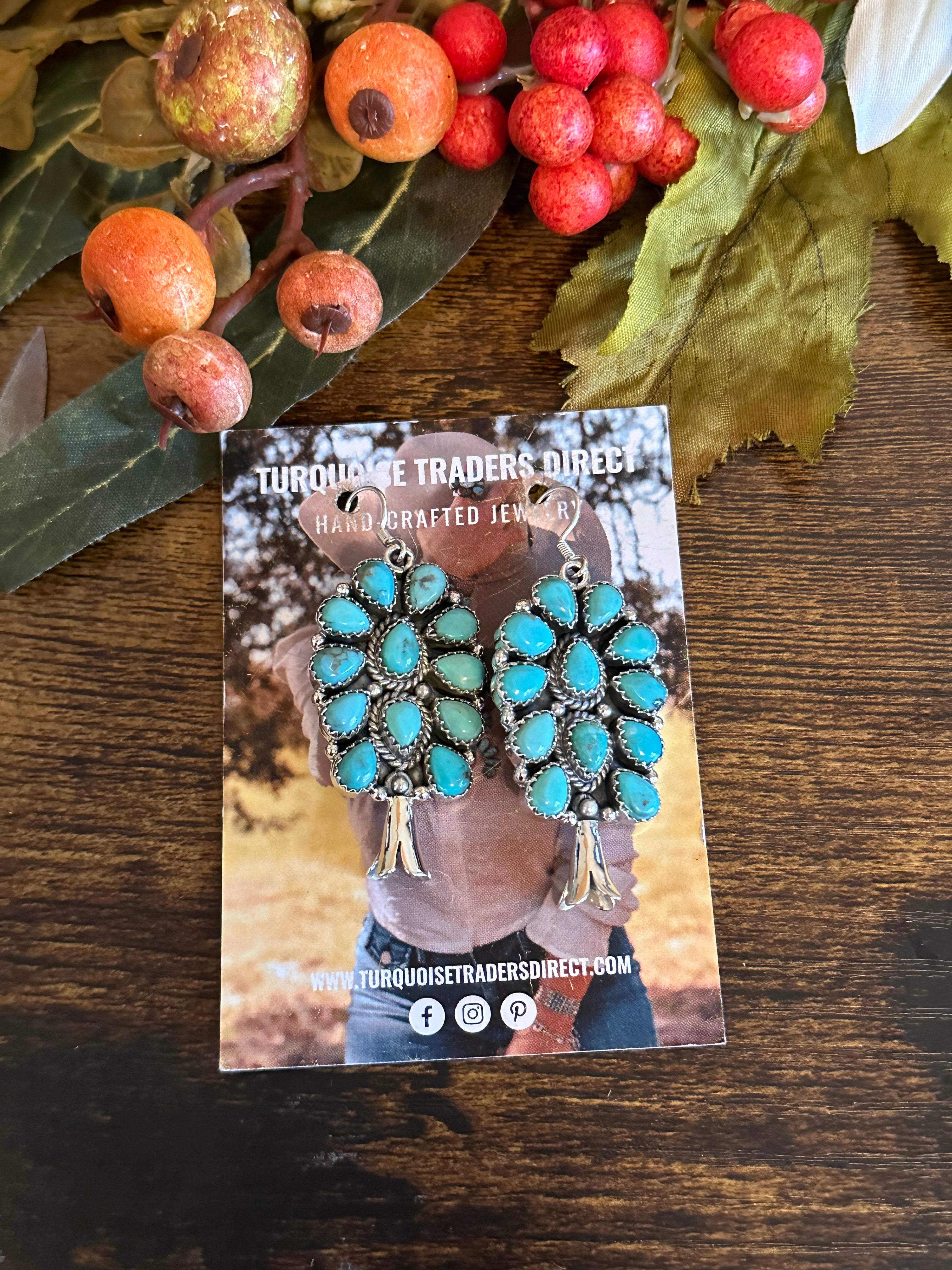 Southwest Handmade Kingman Turquoise& Sterling Silver Dangle Cluster Earrings