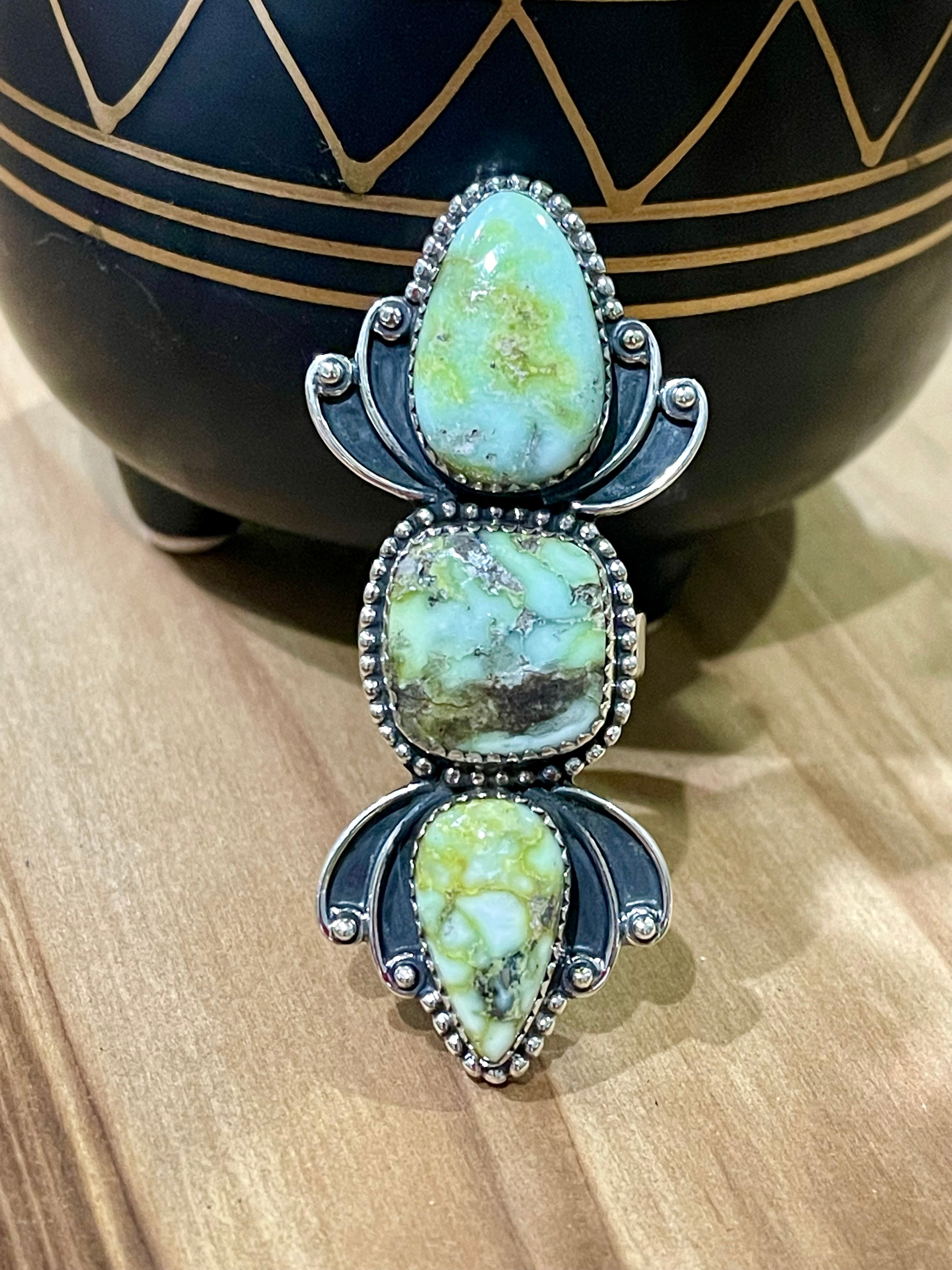 Southwest Handmade Palomino Variscite & Sterling Silver Adjustable 3 Stone Ring