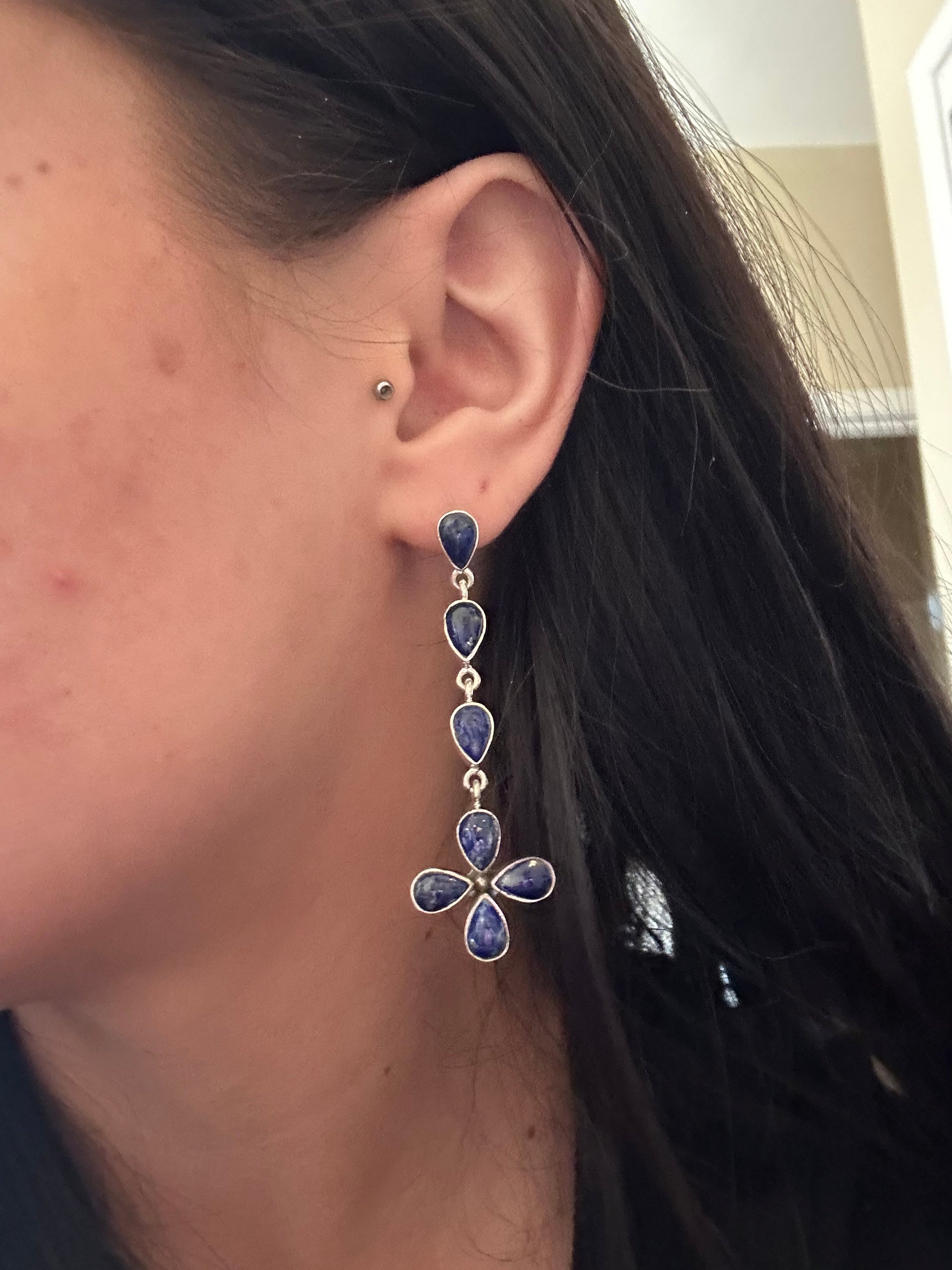 Navajo Made Lapis  & Sterling Silver Earrings
