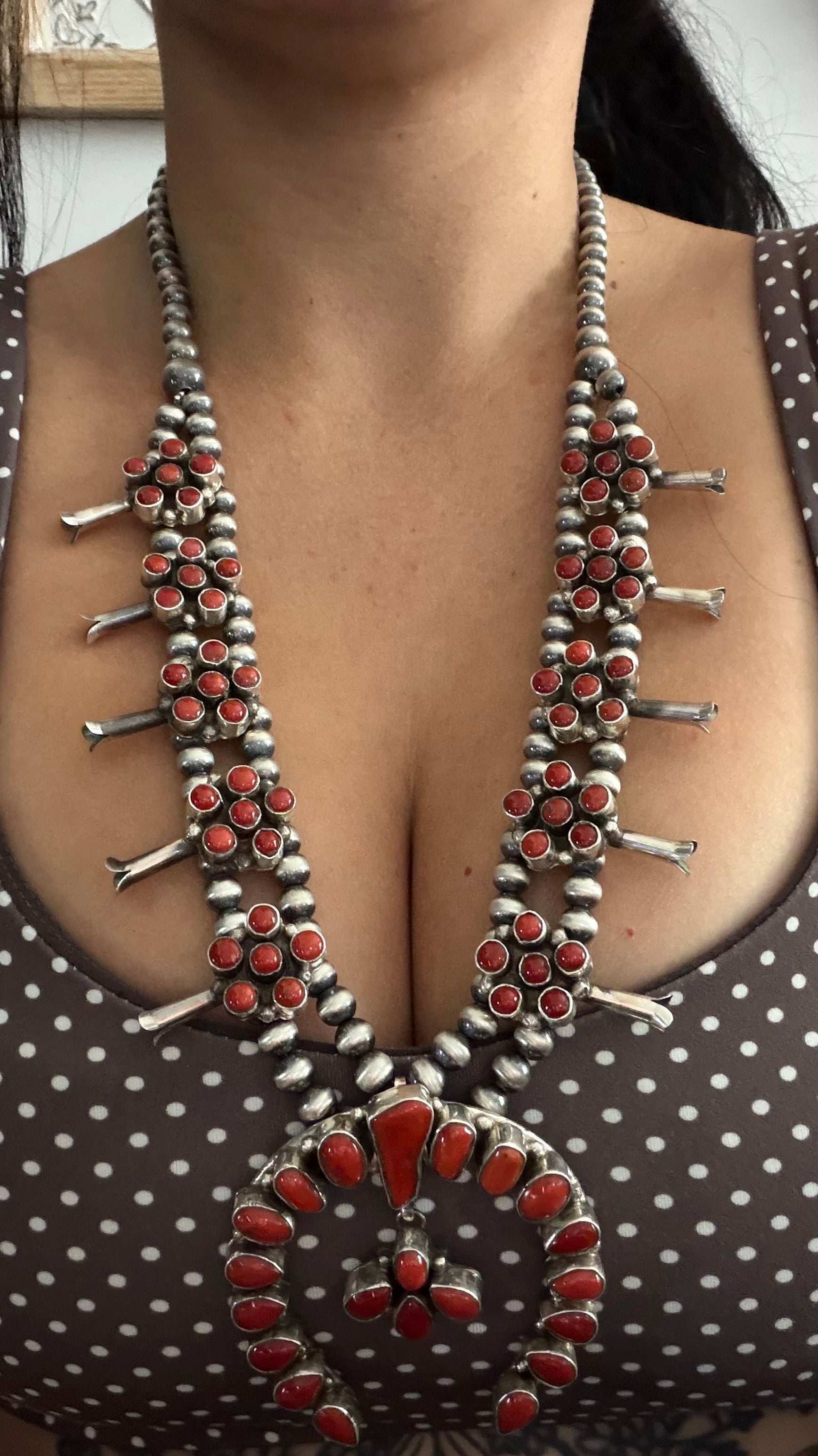 Navajo Made Mediterranean Coral and Sterling Silver Squash Blossom Cluster Necklace Set