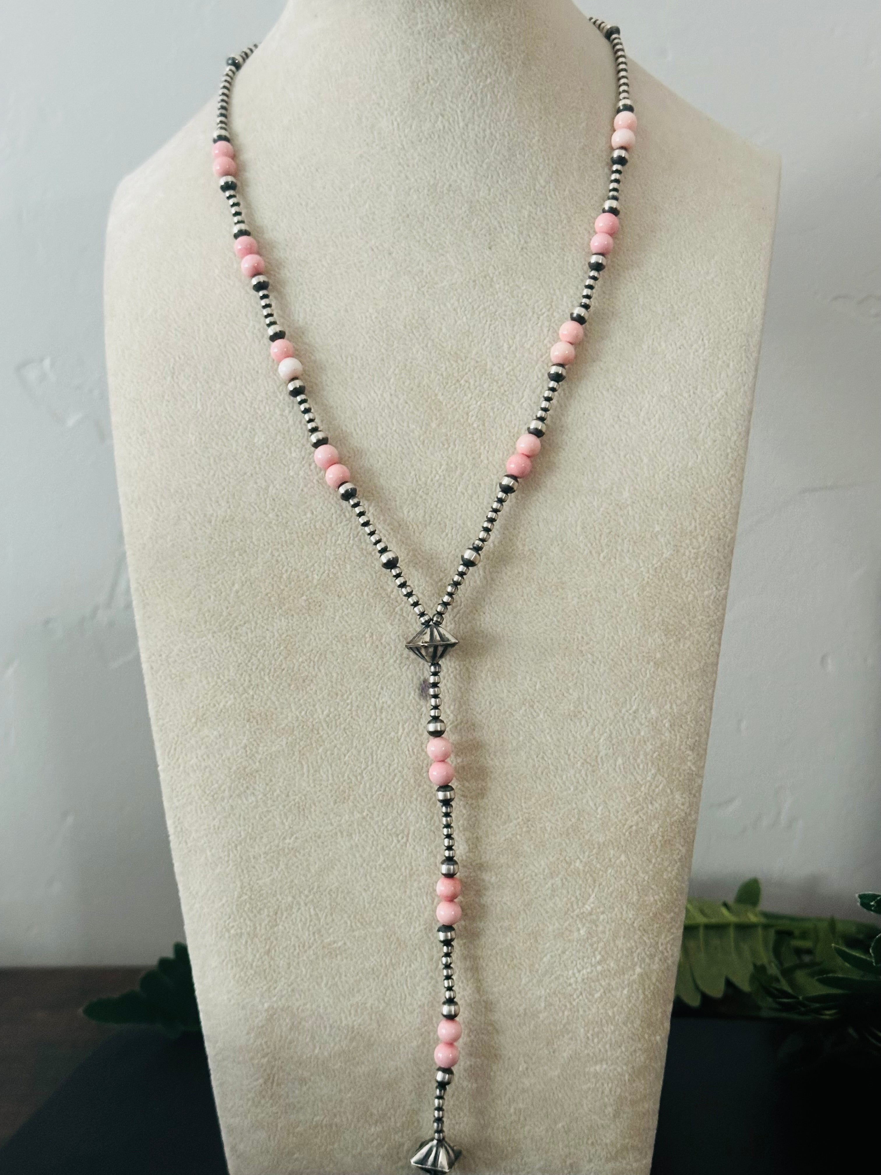 Navajo Strung Pink Conch & Sterling Silver Pearls Beaded Lariat Necklace