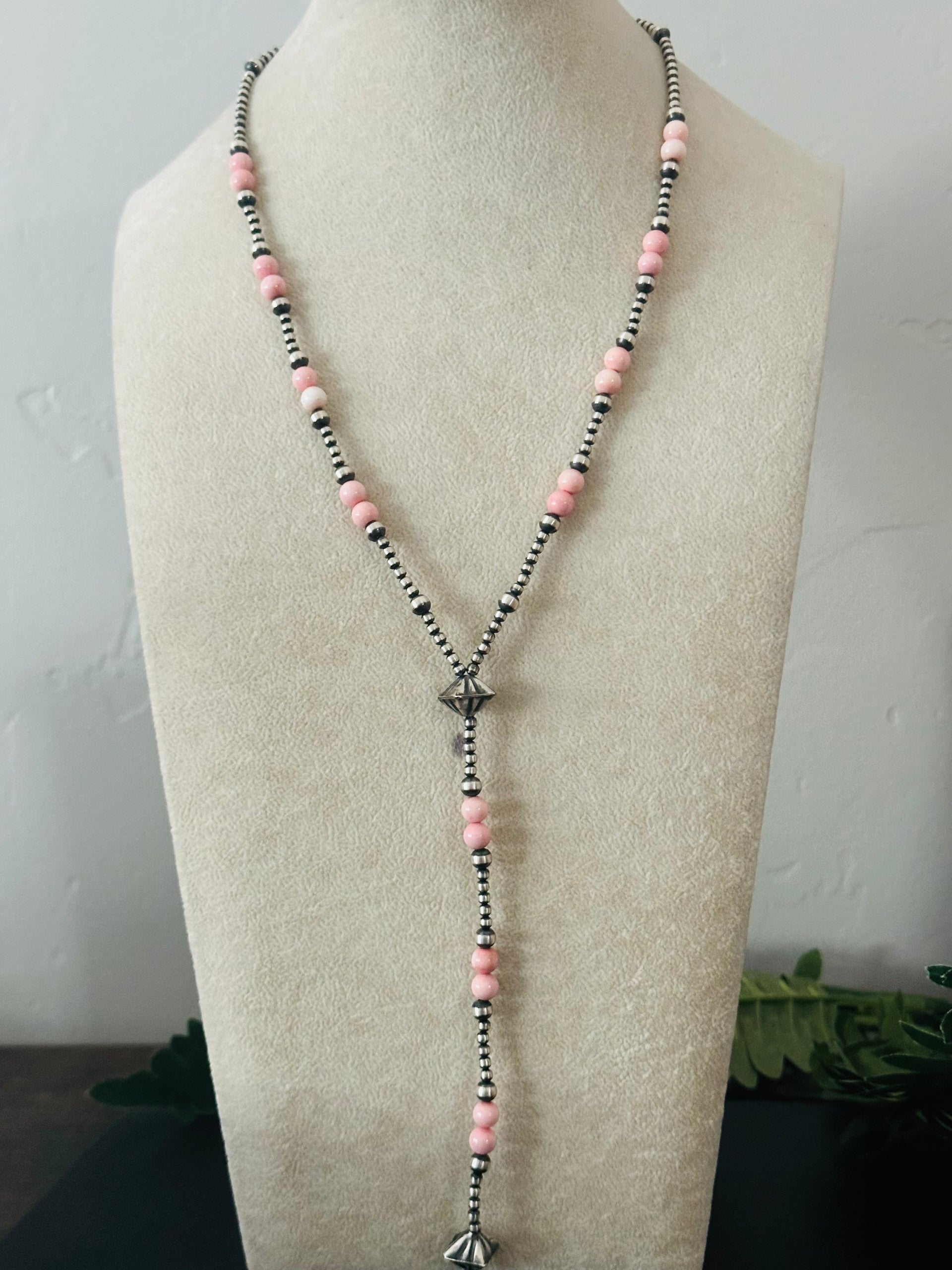 Navajo Strung Pink Conch & Sterling Silver Pearls Beaded Lariat Necklace