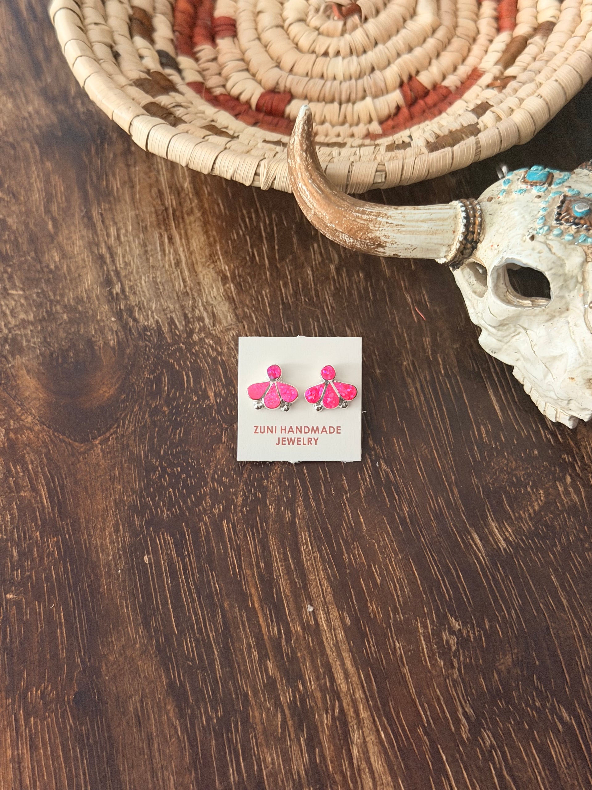 Zuni Handmade Pink Opal & Sterling Silver Post Earrings