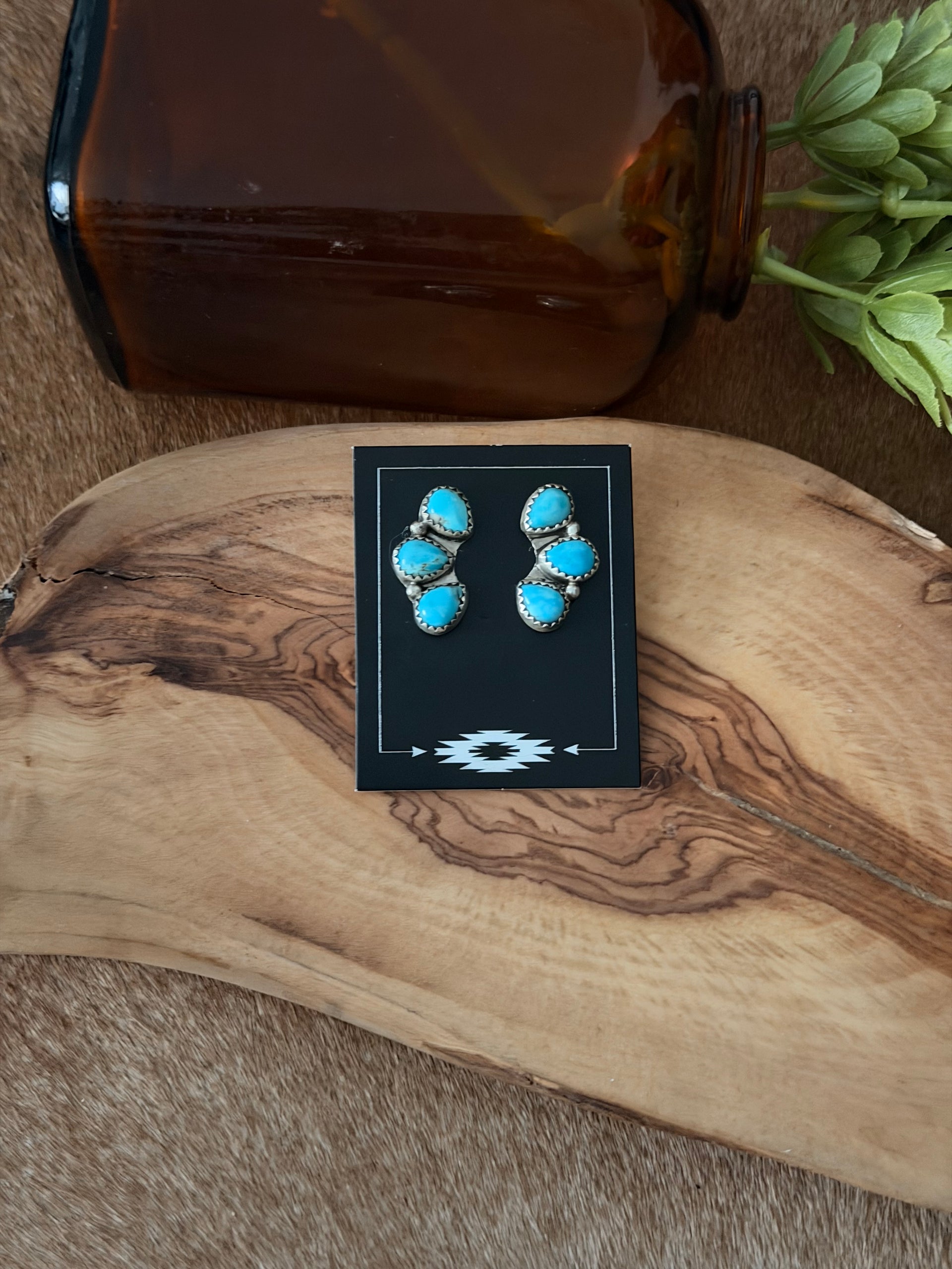 Navajo Made Kingman Turquoise & Sterling Silver Post Dangle Cluster Earrings