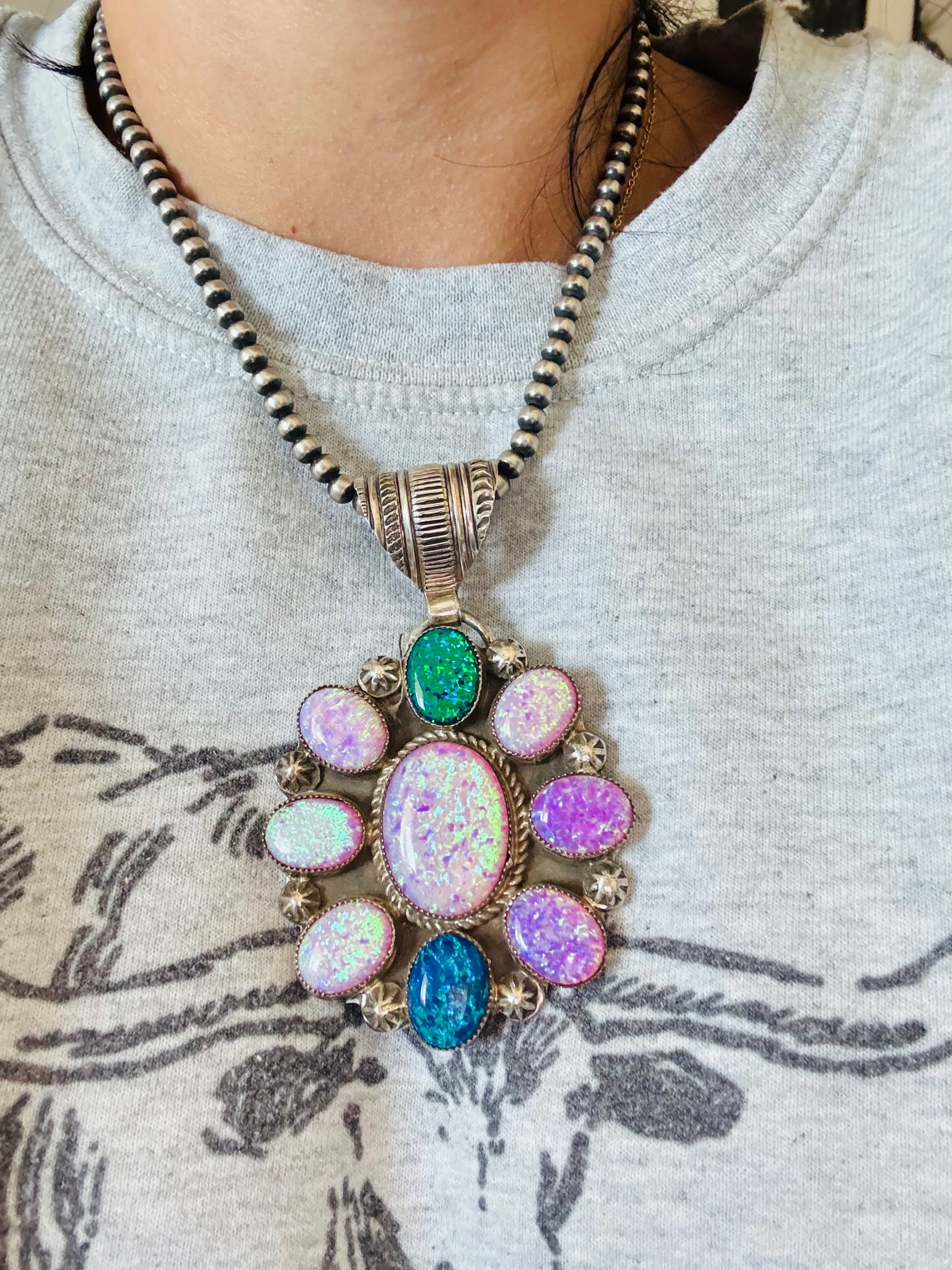 Navajo Made Multi Opal & Sterling Silver Cluster Pendant