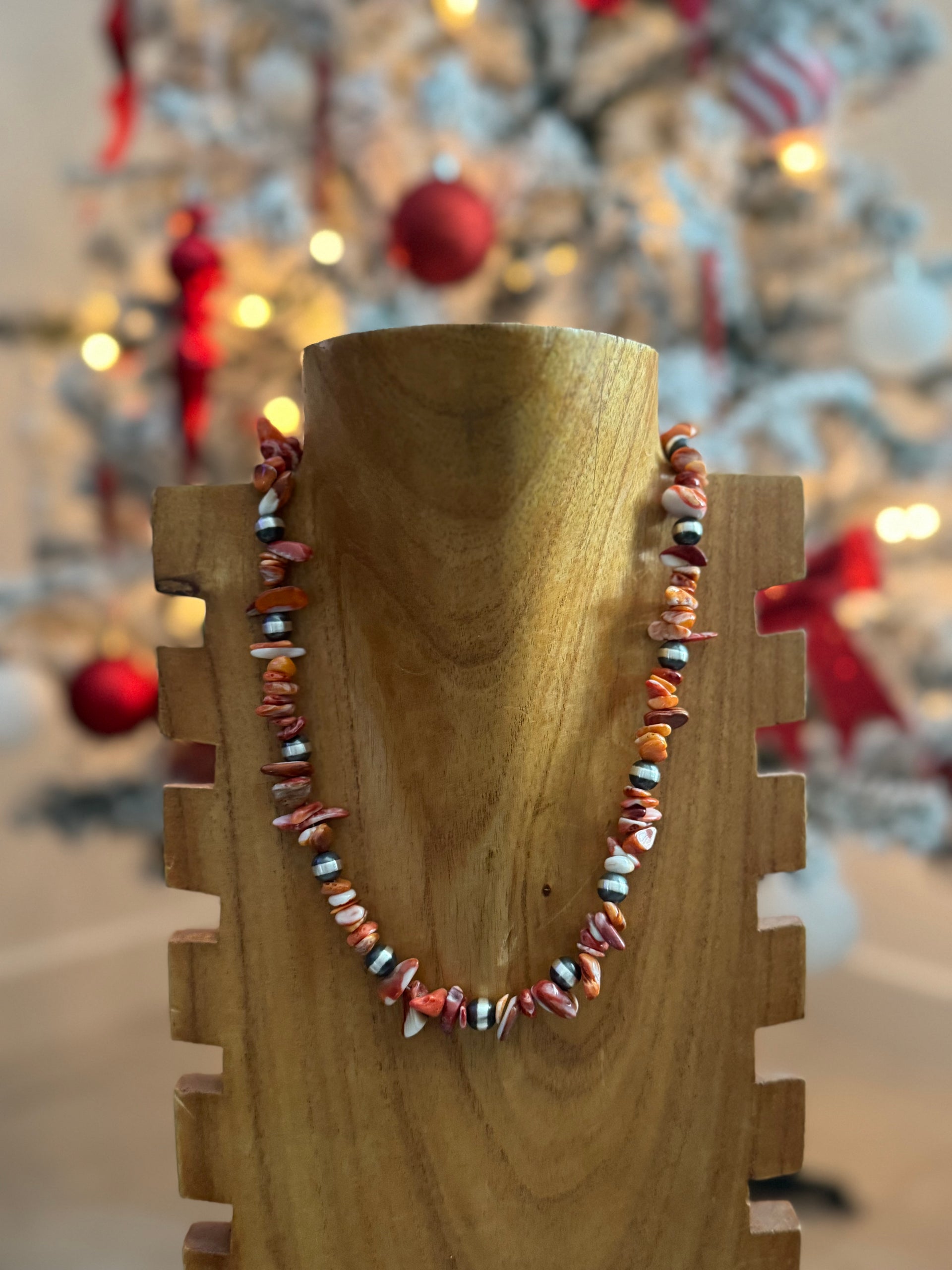 Navajo Strung Red/Orange Spiny Oyster & Sterling Silver Pearl Necklace