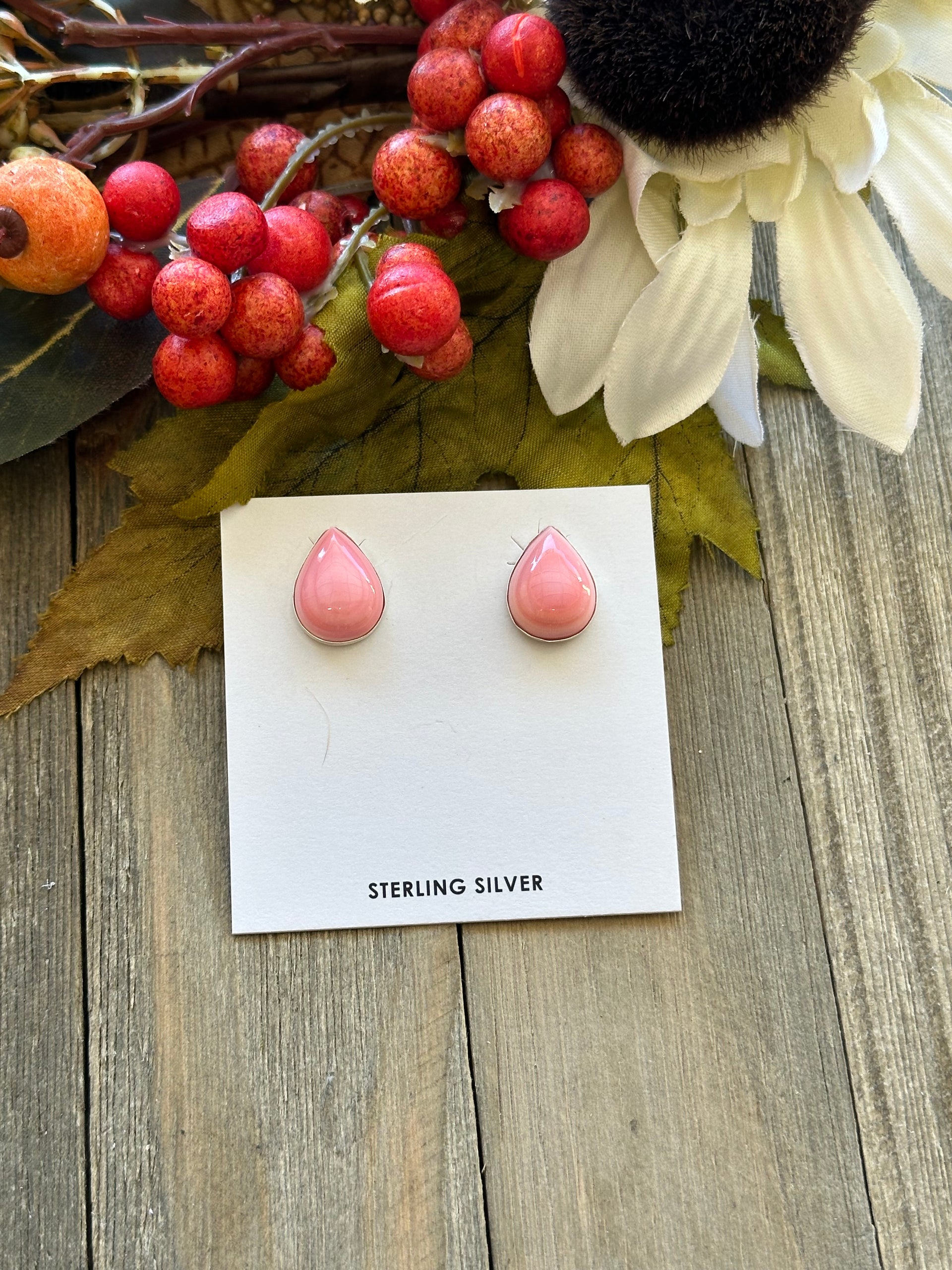 Navajo Made Pink Conch & Sterling Silver Post Earrings