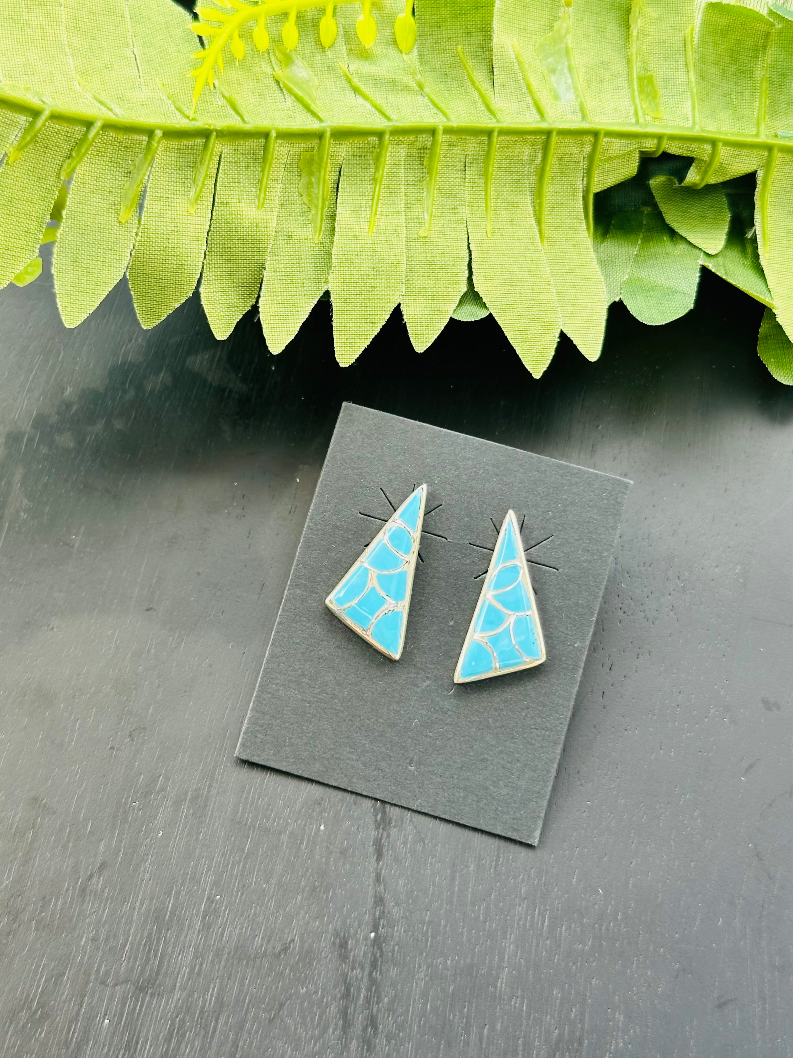 Zuni Handmade Kingman Turquoise & Sterling Silver Post Inlay Earrings